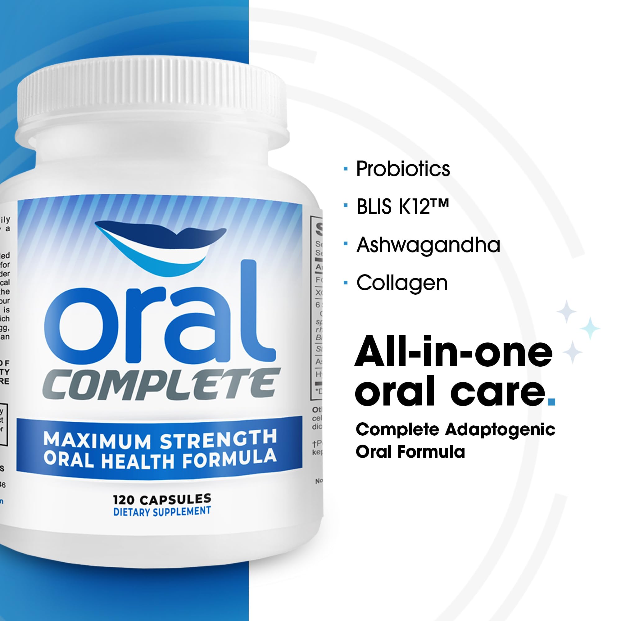 Oral Complete 11-in-1 Dental Probiotics for Bad Breath & Halitosis Treatment - Supports Tonsil Stone Prevention with BLIS K12, Ashwagandha & Collagen - Non-GMO Formula, 120 Capsules - Freshen Breath & Improve Oral Health for Daily Use