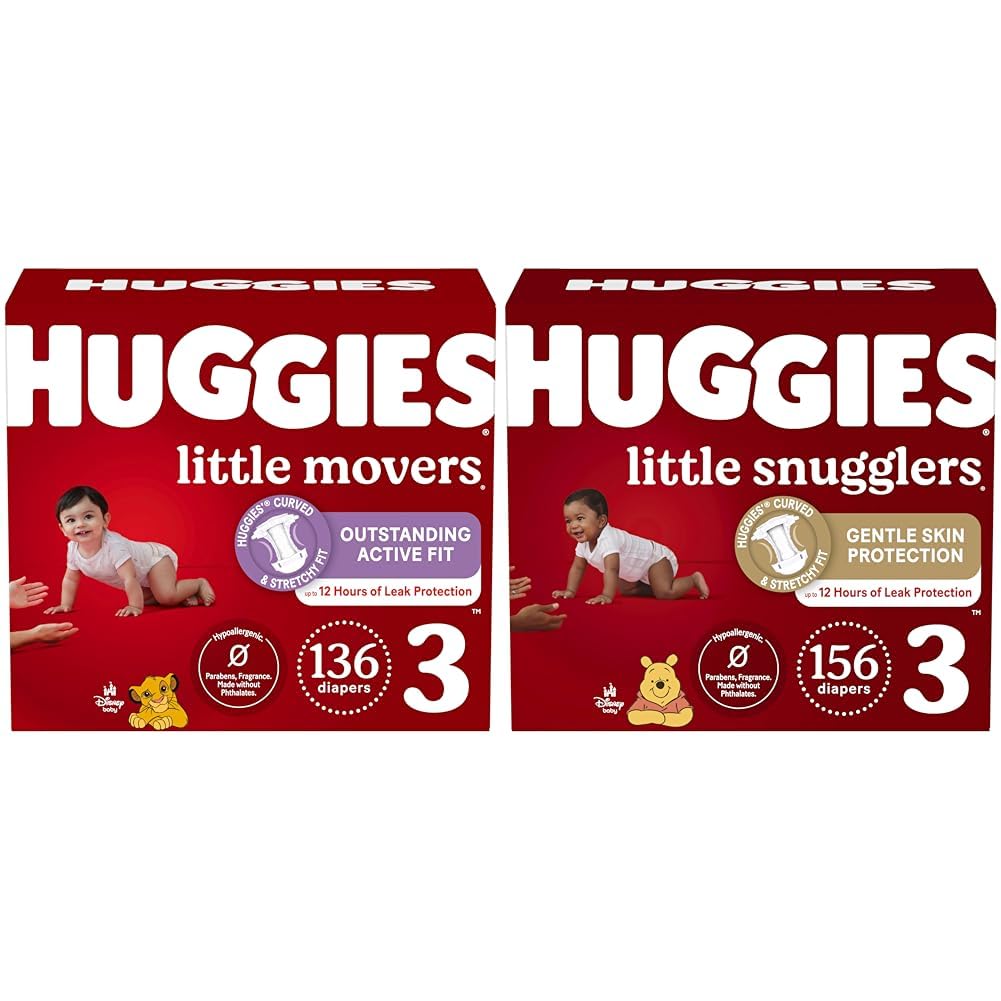 **Huggies Little Movers & Little Snugglers Size 3 Disposable Baby Diapers – Mega Colossal Pack (136 Count) & One Month Supply (156 Count) – Ultra Absorbent for Active Babies – Day & Night Comfort**    *(Perfect for Playtime, Naptime, and Overnight Protection – Soft, Leak-Proof, and Hypoallergenic for Sensitive Skin)*