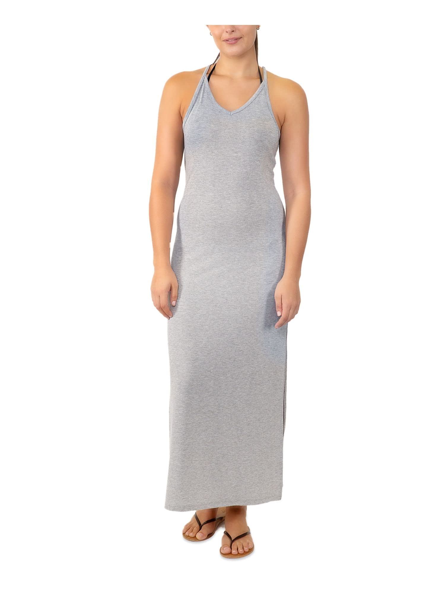 Women's Gray Racerback Maxi Dress with Slit - Adjustable Deep V Neck Swimsuit Cover Up - XS - Perfect for Beach, Poolside & Summer Vacations