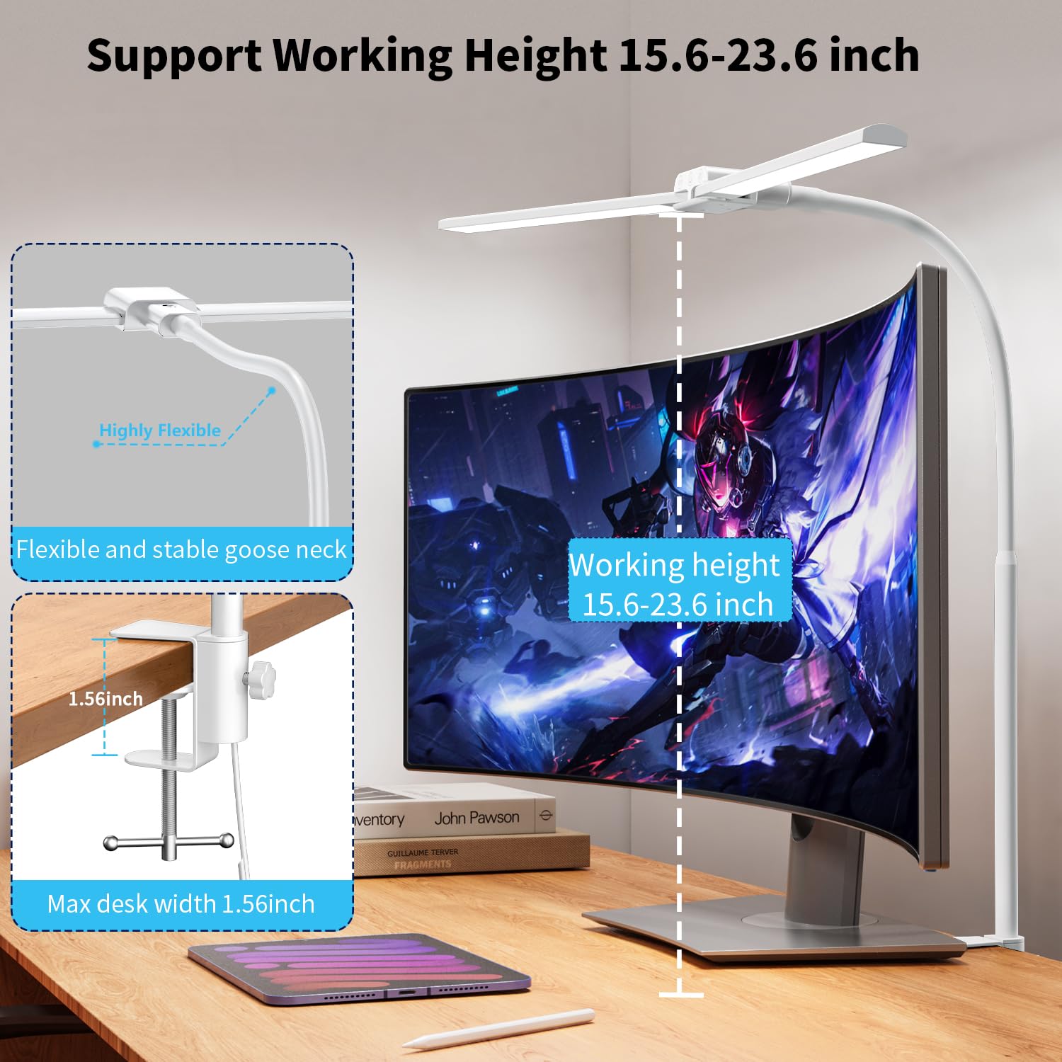 KableRika Dual Head LED Desk Lamp with Remote Control - Adjustable Clamp Light for Home Office, Study, Reading & Monitor Workbench - Eye-Caring Architect Lighting for Workspace & Gaming Setup