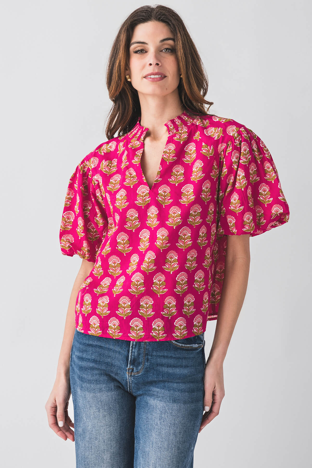 THML Scottie Puff Sleeve Floral Print Blouse - Women's Vintage Style Ruffled Top for Casual Outings & Date Nights