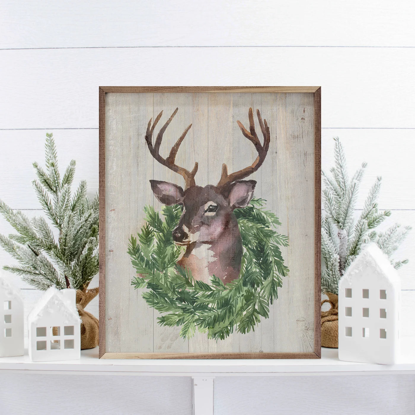 Buck Wreath Wood Framed Print - Rustic Deer Antler Wall Art Decor for Cabin, Lodge & Farmhouse - Perfect for Living Room, Bedroom & Office