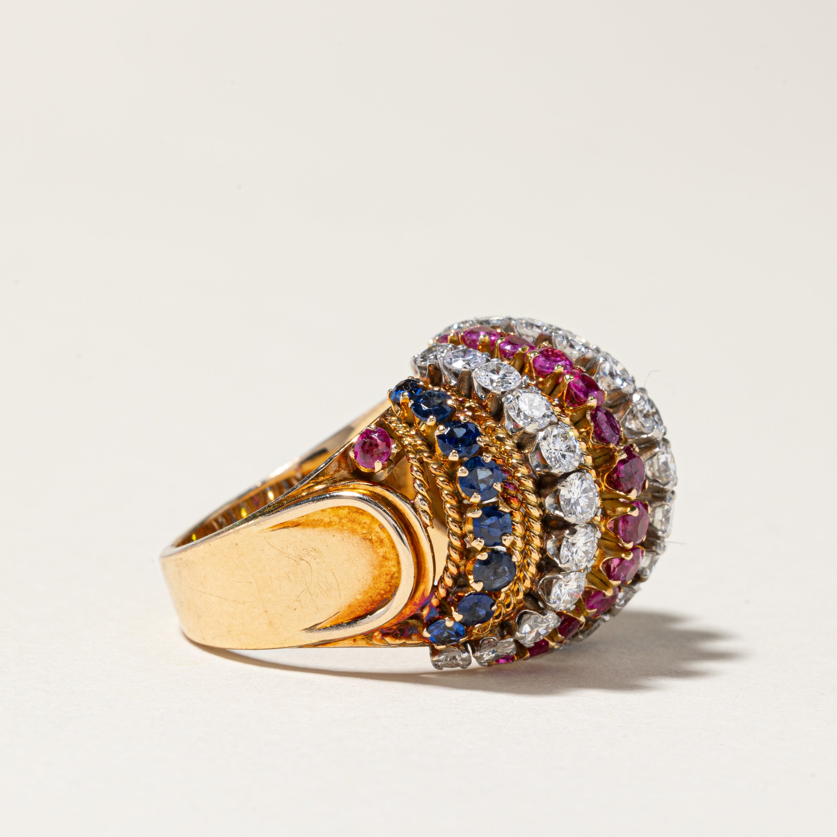 18K Yellow Gold Ruby Sapphire & Diamond Dome Ring - 1.01ctw Ruby, 1.01ctw Sapphire, 1.60ctw Diamond - Size 5.25 | Elegant Statement Jewelry for Weddings, Anniversaries & Special Occasions