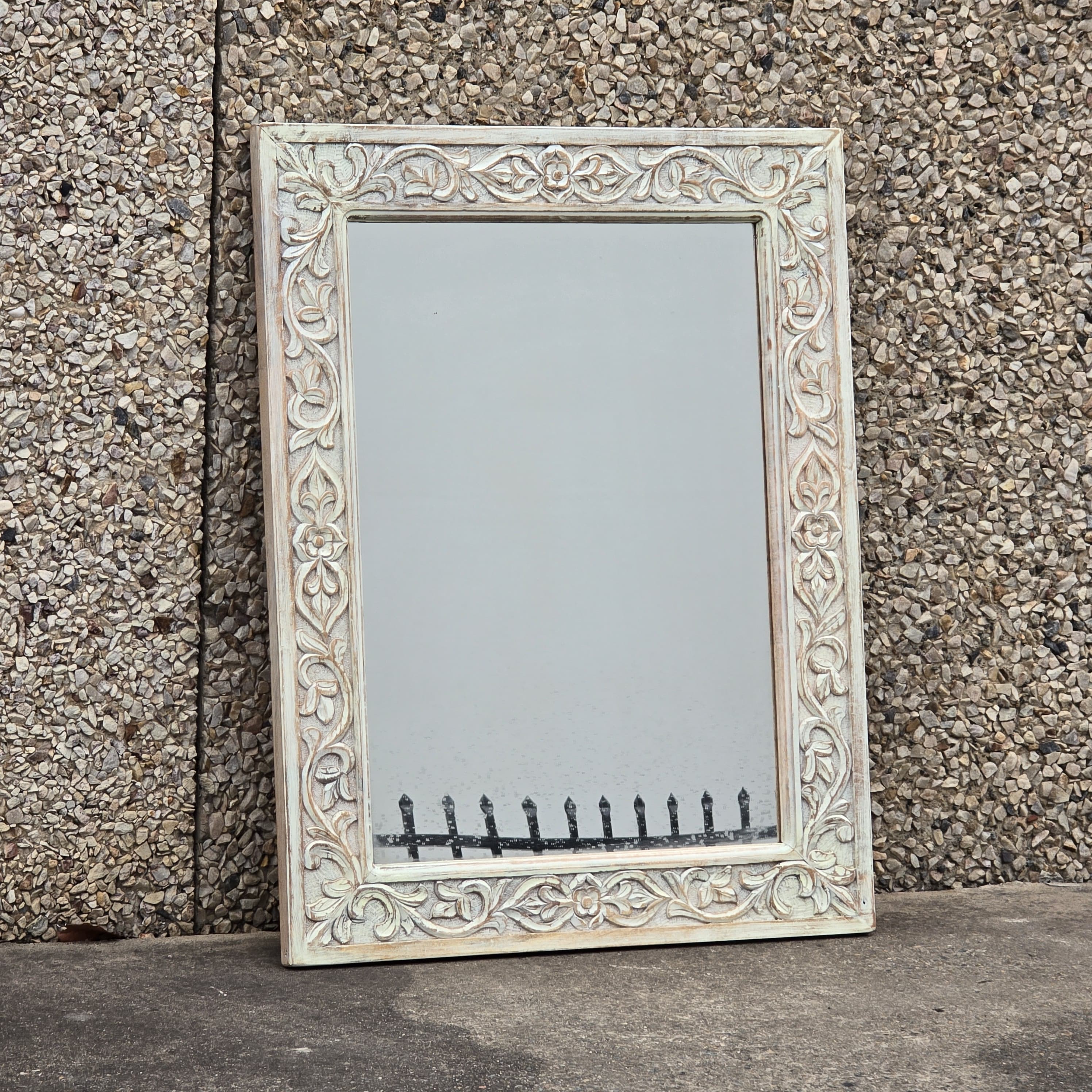 Handcrafted Floral Carved Solid Wood Indian Furniture Mirror Frame - Rustic White Wall Decor for Living Room, Bedroom & Entryway