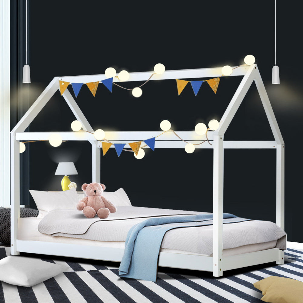 White Wooden Single Bed Frame for Kids - Perfect for Children's Bedrooms, Playrooms & Cozy Sleep Spaces