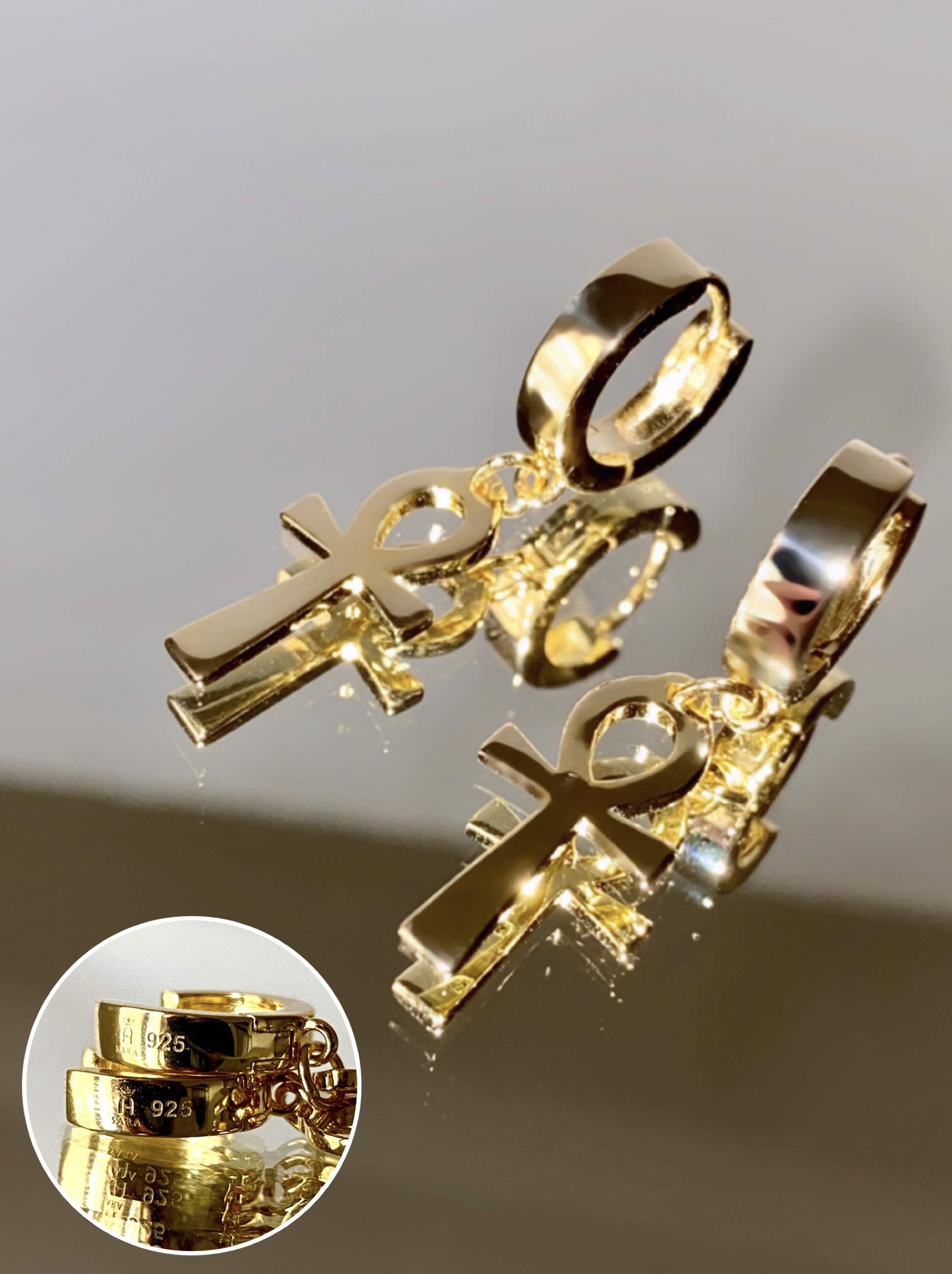 14K Gold Over Silver Ankh Cross Hoop Earrings for Men & Women - Iced Out Stud Earrings with Latch Lock | Hip Hop Jewelry, Gift for Him/Her, Perfect for Parties, Concerts & Everyday Wear