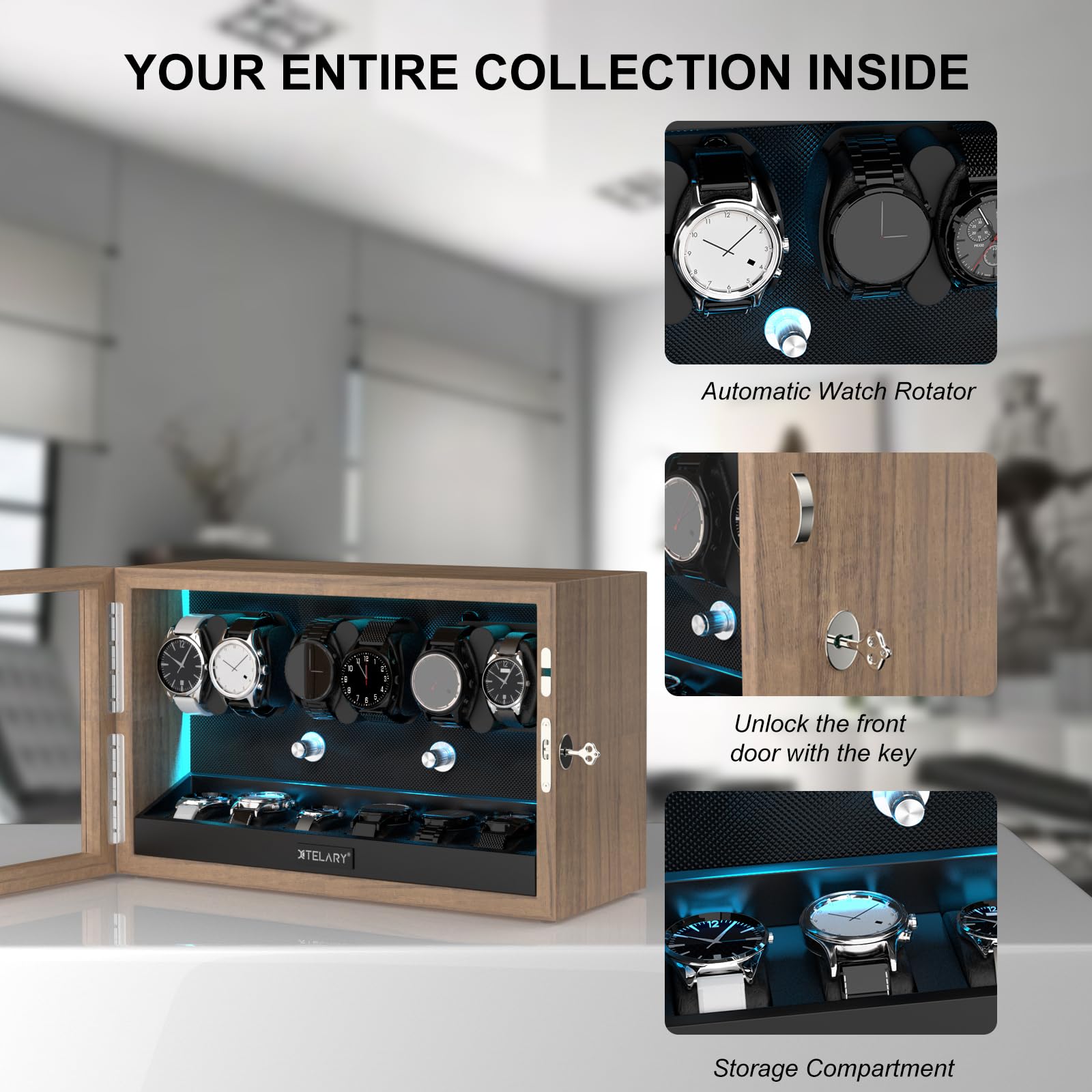 XTELARY Lockable Automatic Watch Winder - 4/6/8/12 Watch Storage Box with 4 Rotation Modes, Ultra Quiet Motor & LED Backlight | Perfect for Watch Collectors, Luxury Timepiece Display & Safe Storage at Home/Office
