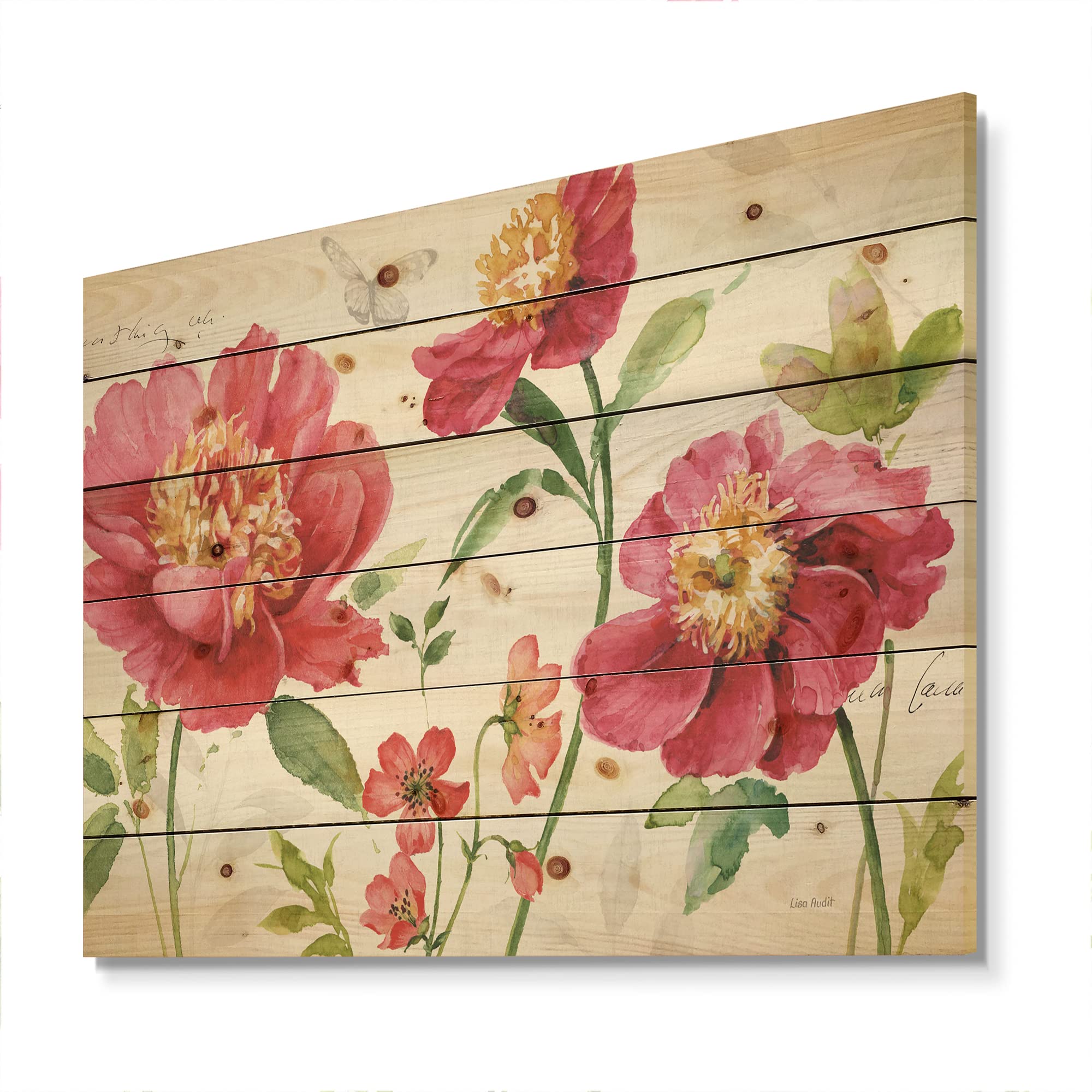 DesignQ Red Spring Flowers and Butterfly Traditional Wood Wall Decor - Pink Floral Wood Wall Art, Large Printed Pine Wood Panels for Home, Bedroom, Living Room Decor