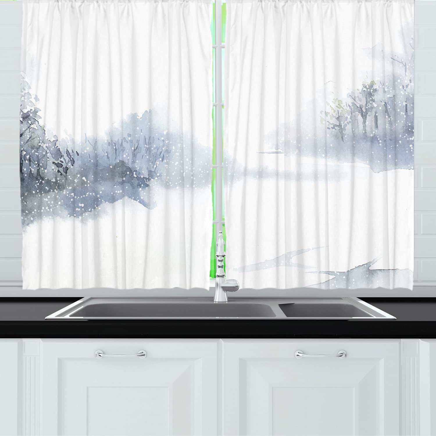 Ambesonne Snowy Mountains Long Kitchen Curtains - Watercolor Winter Scenery Drapes with Rod Pocket, 55x45 Inch, White & Blue Grey - Perfect for Cozy Cabin, Farmhouse or Winter-Themed Home Decor