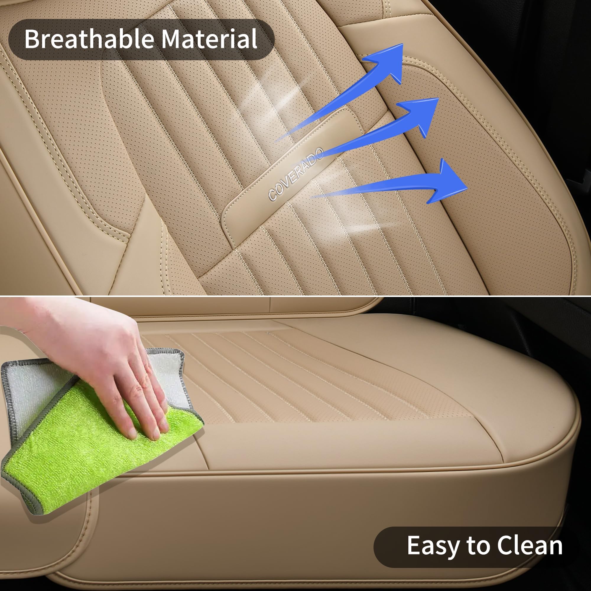 Premium Nappa Leather Car Seat Covers - Waterproof Front & Back Seat Protectors for Cars & Trucks (5-Seat Set, Beige) | Universal Fit for Most Vehicles | Perfect for Daily Commute, Road Trips & Pet Protection