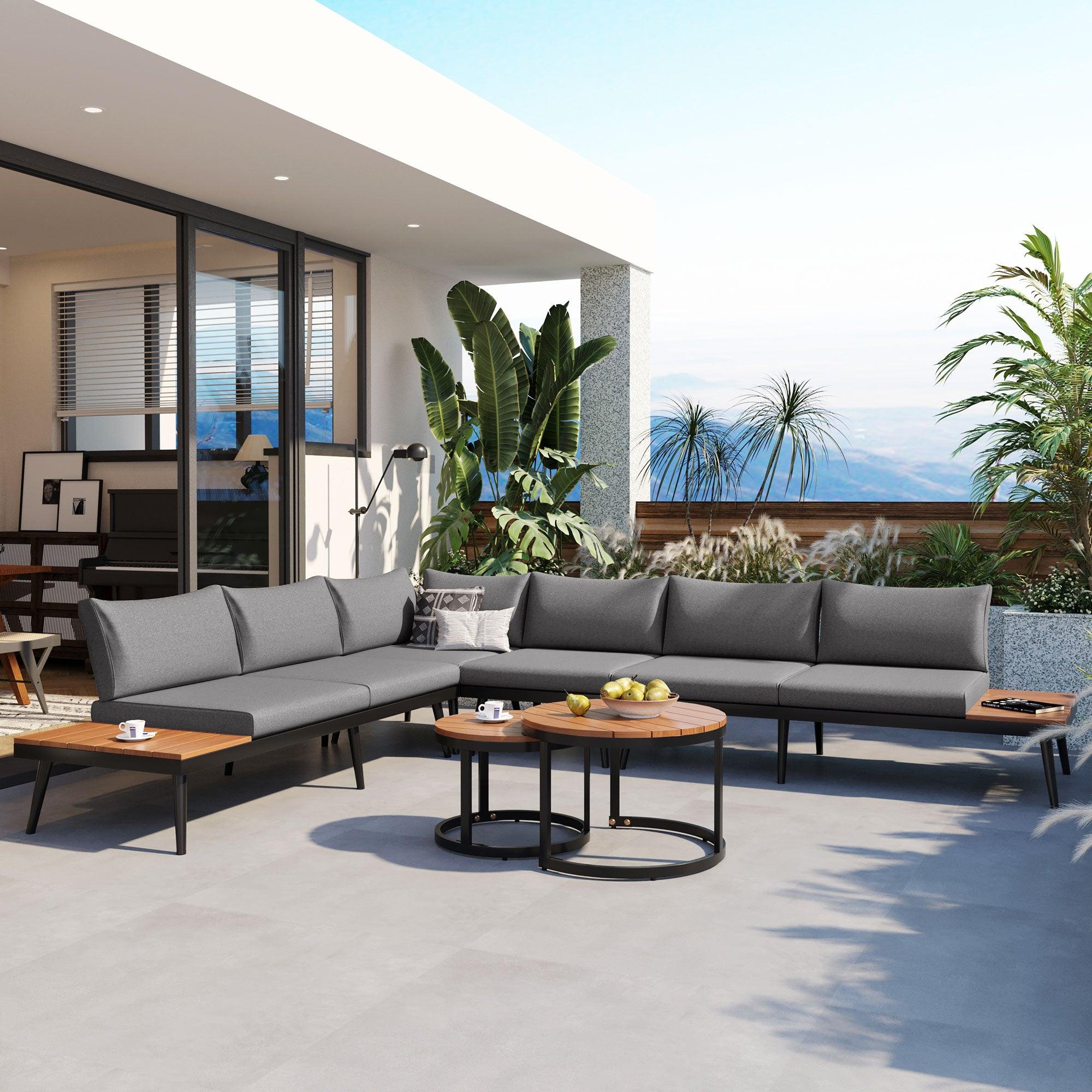 6-Piece Outdoor Sectional Sofa Set with Round Nesting Coffee Tables & Cushioned Seating - Patio, Porch, Garden Furniture for Backyard, Poolside & Outdoor Living Spaces