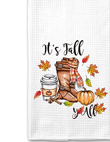 Fall Ya All Kitchen Towel Set - Autumn Themed Handmade Dish Towels for Thanksgiving & Holiday Decor - Cozy Farmhouse Kitchen Decorations for Fall Season