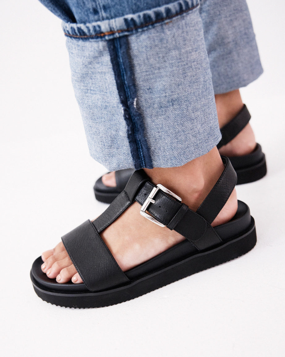 Declaration 2.0 Leather T-Bar Wedge Sandals in Black | Women's Comfortable Chunky Heel Shoes for Work, Party & Everyday Wear