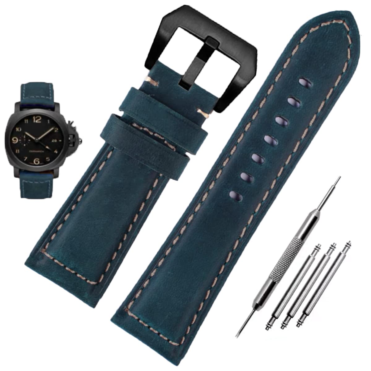 Leather Watch Bands for Men - Vintage Top Grain Genuine Leather Watch Strap Compatible with Panerai, 20mm 22mm 24mm 26mm Replacement Band - Perfect for Casual, Business & Dress Watches