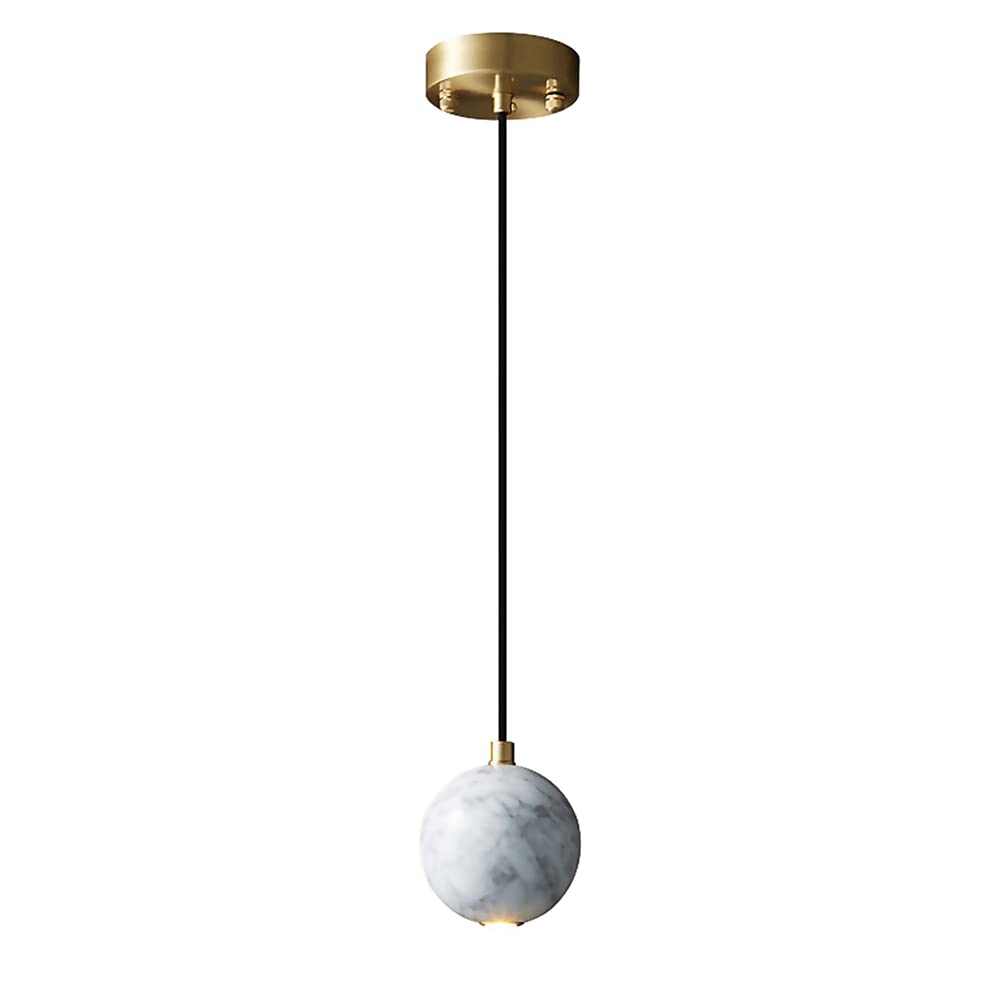 Modern LED Chandelier with Marble Pendant & Round Ball-Shaped Lampshade - Adjustable Copper Hanging Light Fixture for Dining Room, Living Room, and Bedroom Ceiling Lighting