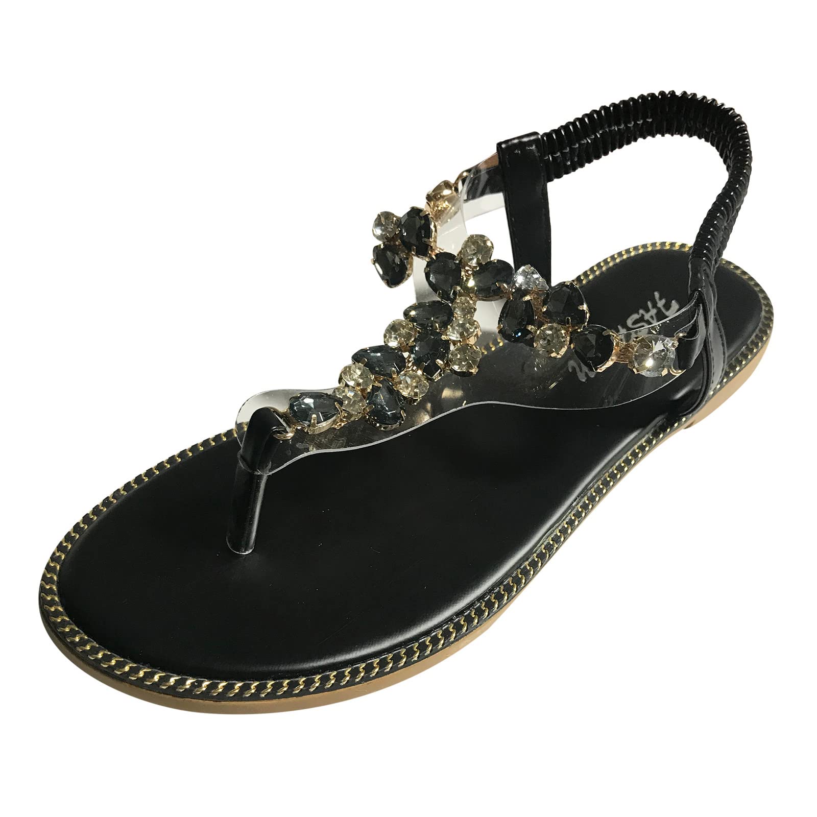 Sparkly Rhinestone Thong Sandals for Women - Comfortable Beach Flip Flops, Fashion Summer Flat Sandals (Black, Size 8.5) | Perfect for Pool Parties, Vacations & Casual Outings