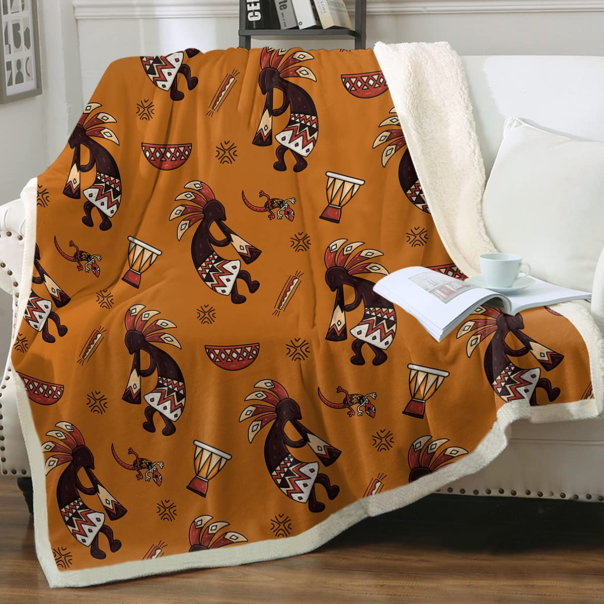 Sleepwish Orange Plush Throw Blanket 50x60 Inches - Soft African Tribal Print Sherpa Fleece Blanket for Couch, Bed & Sofa | Traditional Musical Theme Design for Home Decor, Gift & Cozy Nights