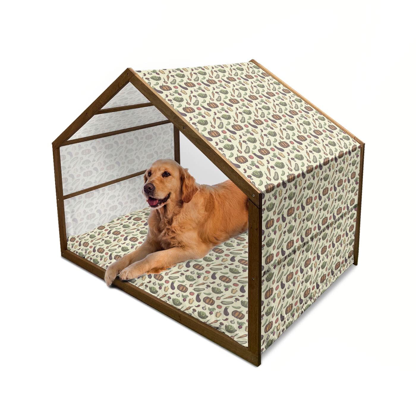 Ambesonne Wooden Dog House with Hand-Drawn Vegetable Art - Vegan Friendly Mushroom, Radish & Pumpkin Design on Cream Background - Indoor/Outdoor Portable Pet Kennel with Pillow & Cover - 2X-Large Multicolor - Perfect for Backyards, Patios & Cozy Home Spaces