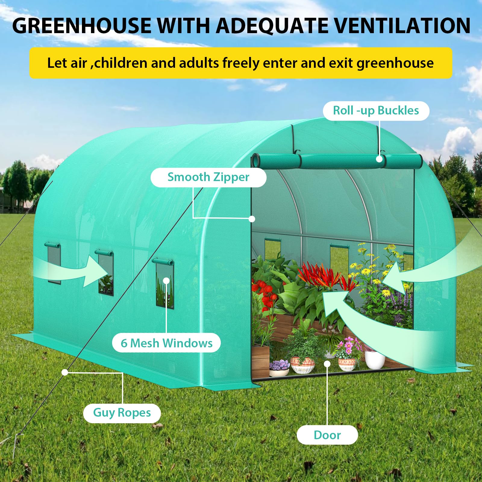 GARVEE 13'x8'x7' Walk In Greenhouse Tunnel with Galvanized Steel Frame - 140g/m² PE Cover, Roll-Up Zipper Door & 6 Vent Windows | Durable Hoop House for Gardening, Plant Protection & Year-Round Growing | Perfect for Backyards, Urban Farming & Hobby Gardeners