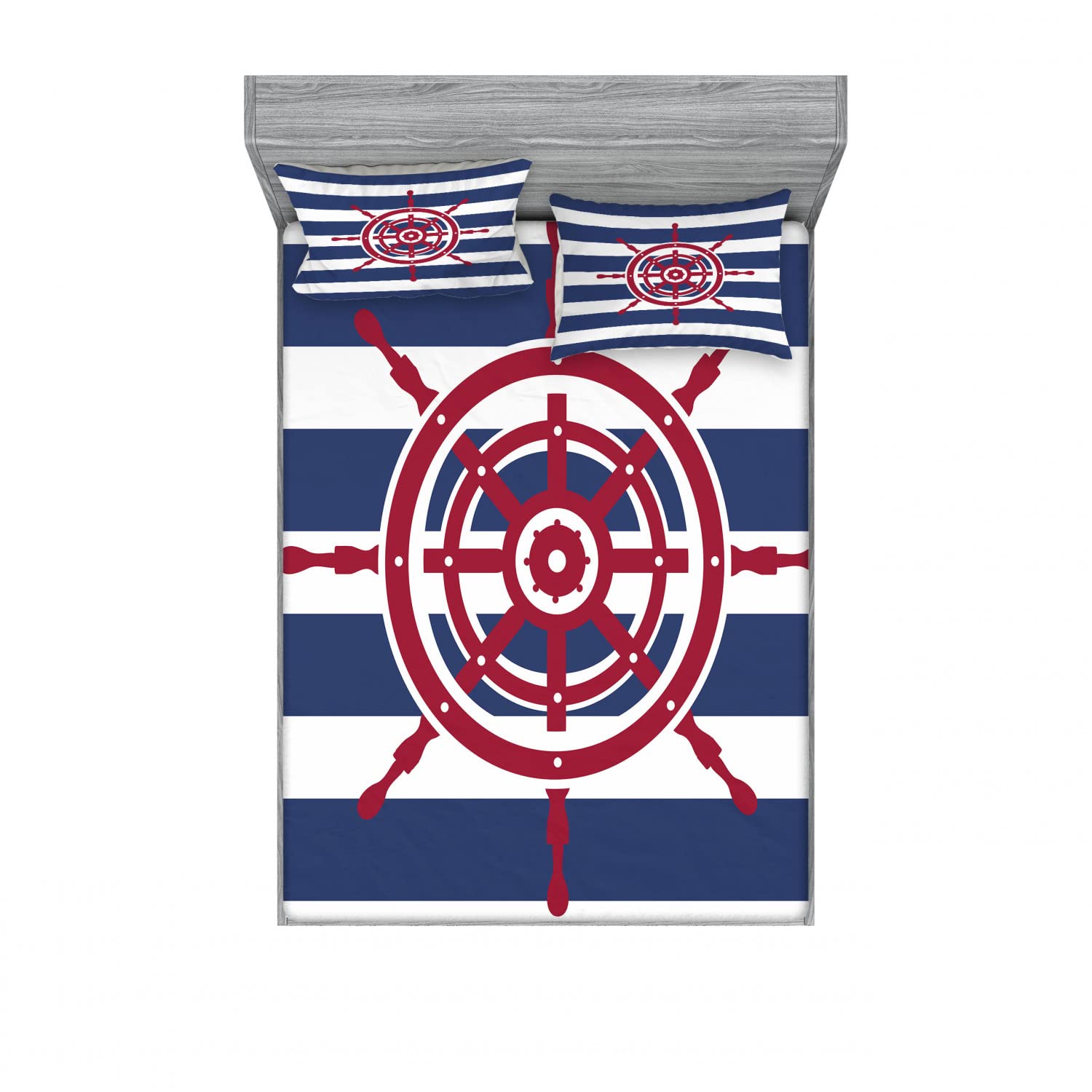Ambesonne Nautical 2-Piece Queen Size Fitted Sheet Set with 4 Pillow Shams - Red Ship Wheel & Navy Blue Marine Theme Bedding for Coastal & Beach House Decor - Perfect for Guest Rooms, Vacation Homes & Nautical Themed Bedrooms