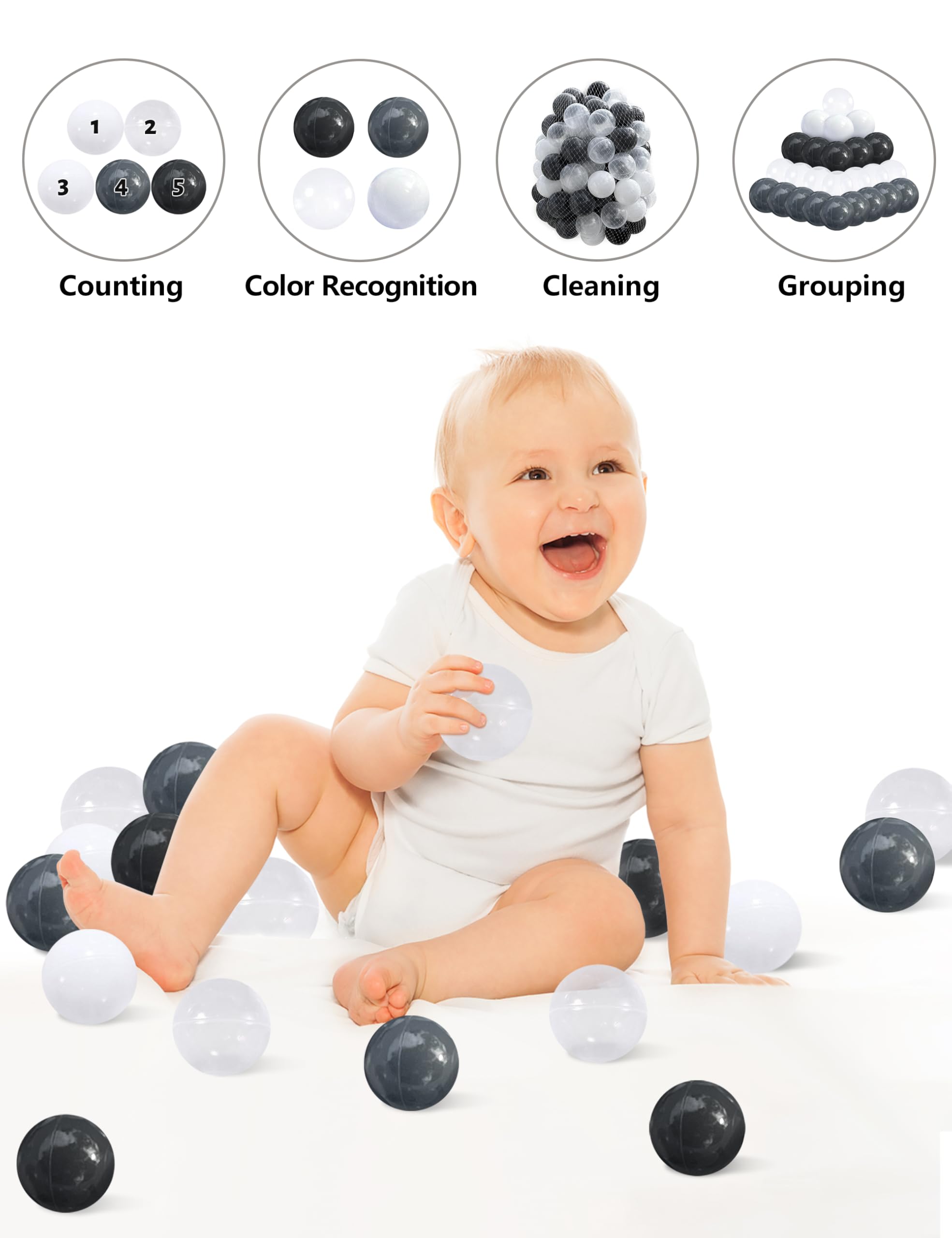 100 Phthalate-Free & BPA-Free Crush-Proof 2.16 Inch Multicolor Plastic Ball Pit Balls for Babies & Toddlers - Safe Playroom, Sensory Play, Birthday Gift (Black, White, Dark Gray, Clear)