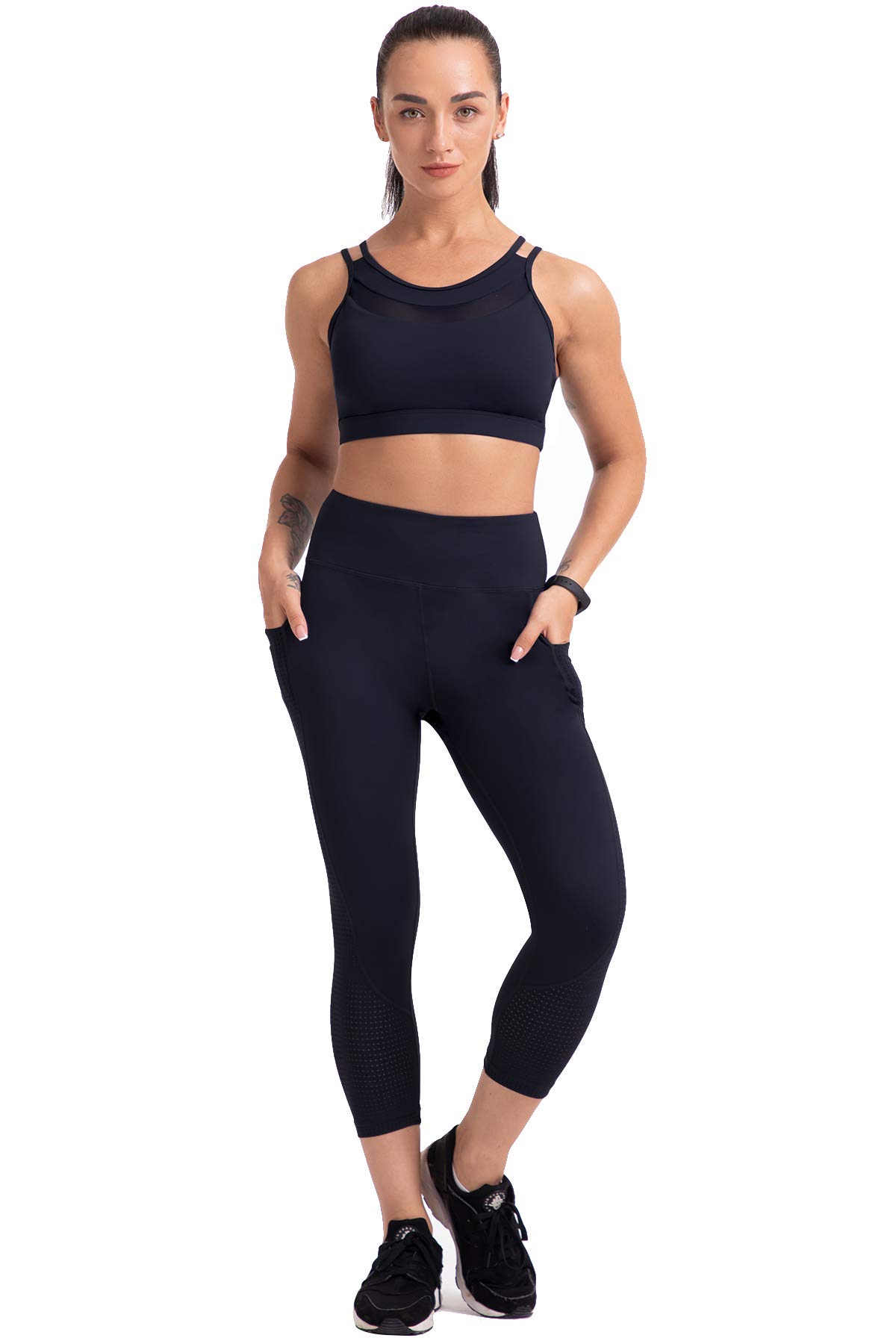 RAYPOSE Women's High Waist Workout Leggings with Pockets - Plus Size Gym Yoga Capri Pants with Mesh Cut Out Design for Running, Training & Lounge Wear