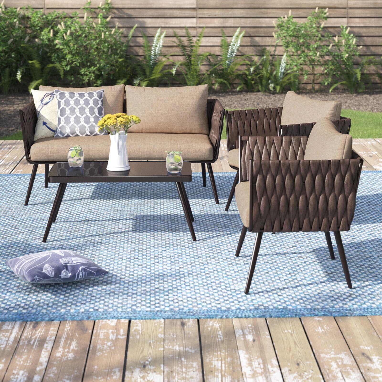 Barton 4-Piece Bistro Sofa Set with Cushions & Coffee Table - Outdoor Patio Wicker Rattan Furniture - Space-Saving Conversation Set for Garden, Balcony or Poolside Relaxation