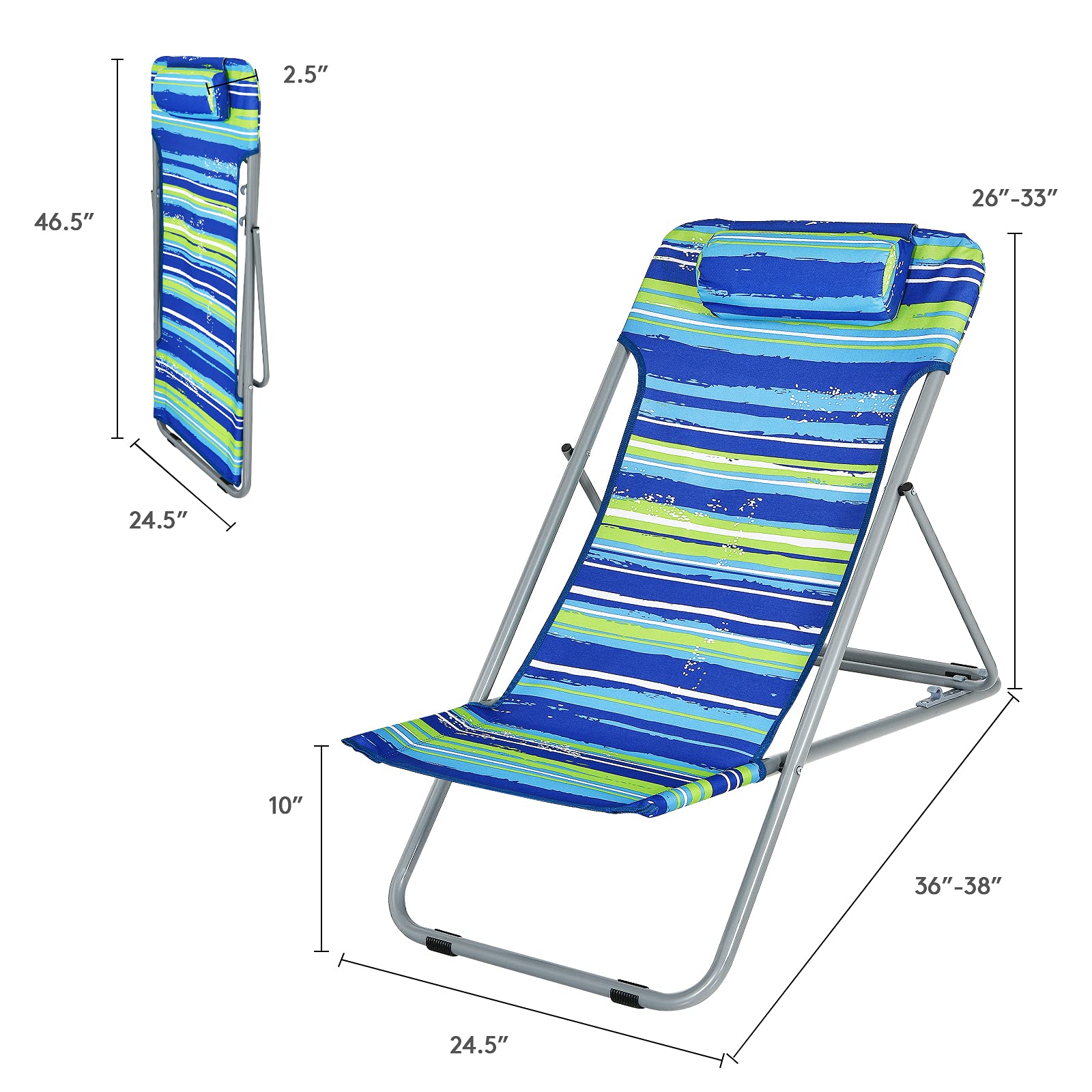 GYMAX 2-Pack Adjustable Beach Chairs for Adults - Portable Reclining Lounge Chairs with 3-Level Backrest & Removable Pillow - Lightweight Folding Camping Chairs for Beach, Poolside, Patio, Lawn, Fishing & Outdoor Relaxation (Blue) - Perfect for Summer Vacations, Backyard Lounging & Travel Adventures
