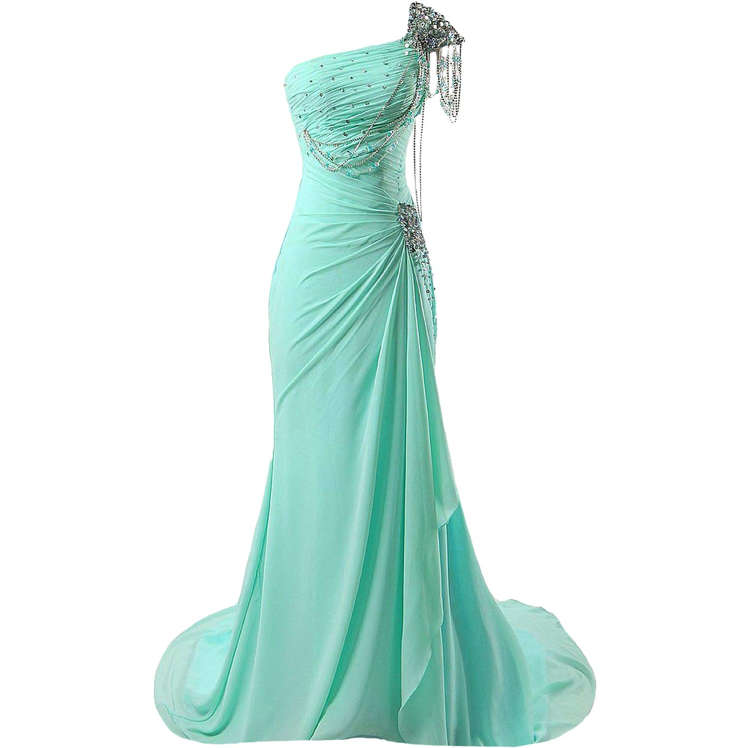 Kivary® Women's Beaded One Shoulder Crystal Chiffon Long Corset Prom Evening Dress - Elegant Formal Gown for Homecoming, Wedding Guest & Special Occasions