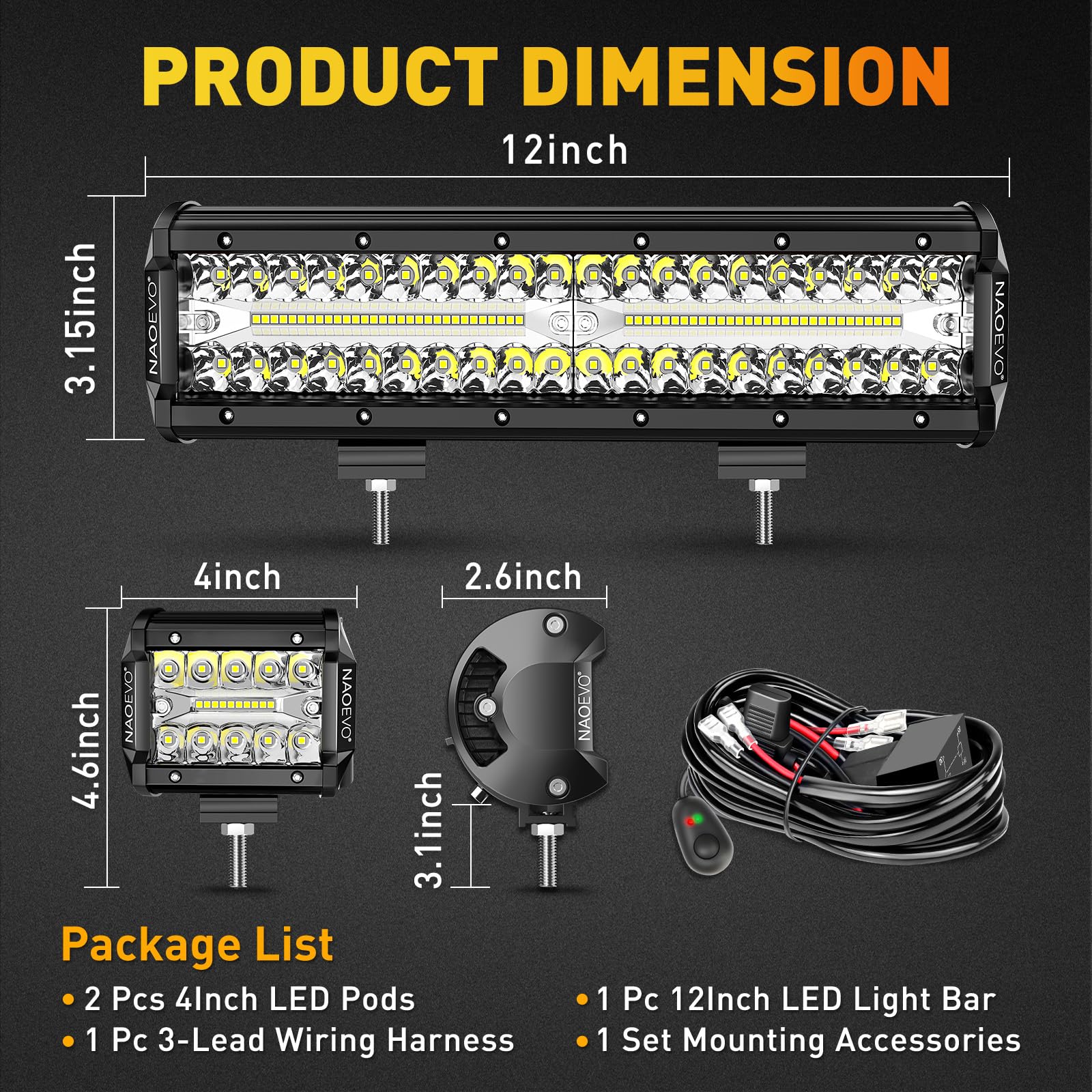NAOEVO 12Inch LED Light Bar + 2PCS 4Inch LED Pod Lights - 420W 42000LM Off Road Lighting Kit with Wiring Harness - Spot Flood Combo for Trucks, ATVs, Boats - Perfect for Night Driving, Off-Roading & Marine Navigation