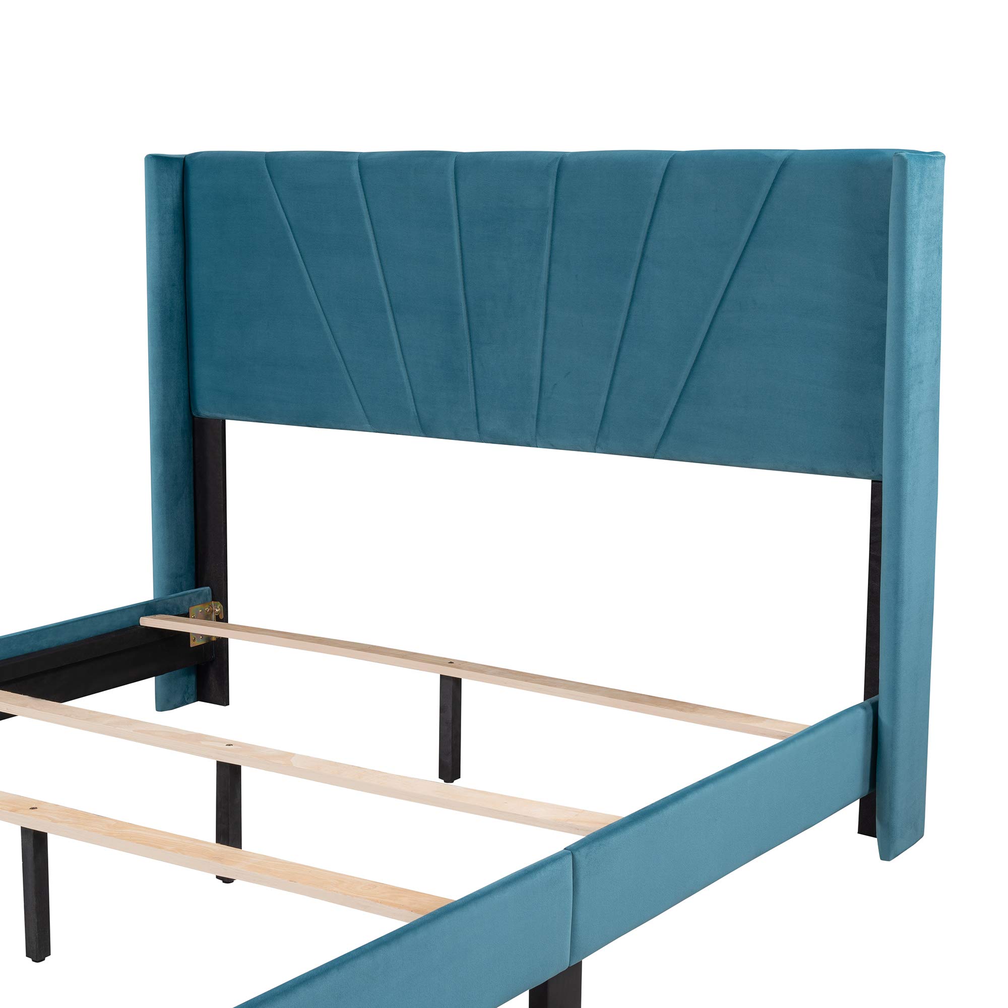 Blue Velvet Upholstered Queen Platform Bed Frame with Wooden Slats & Stylish Headboard - Modern Bedroom Furniture for Guest Rooms & Master Suites | Queen Size Bed with Luxurious Velvet Fabric for Elegant Home Decor