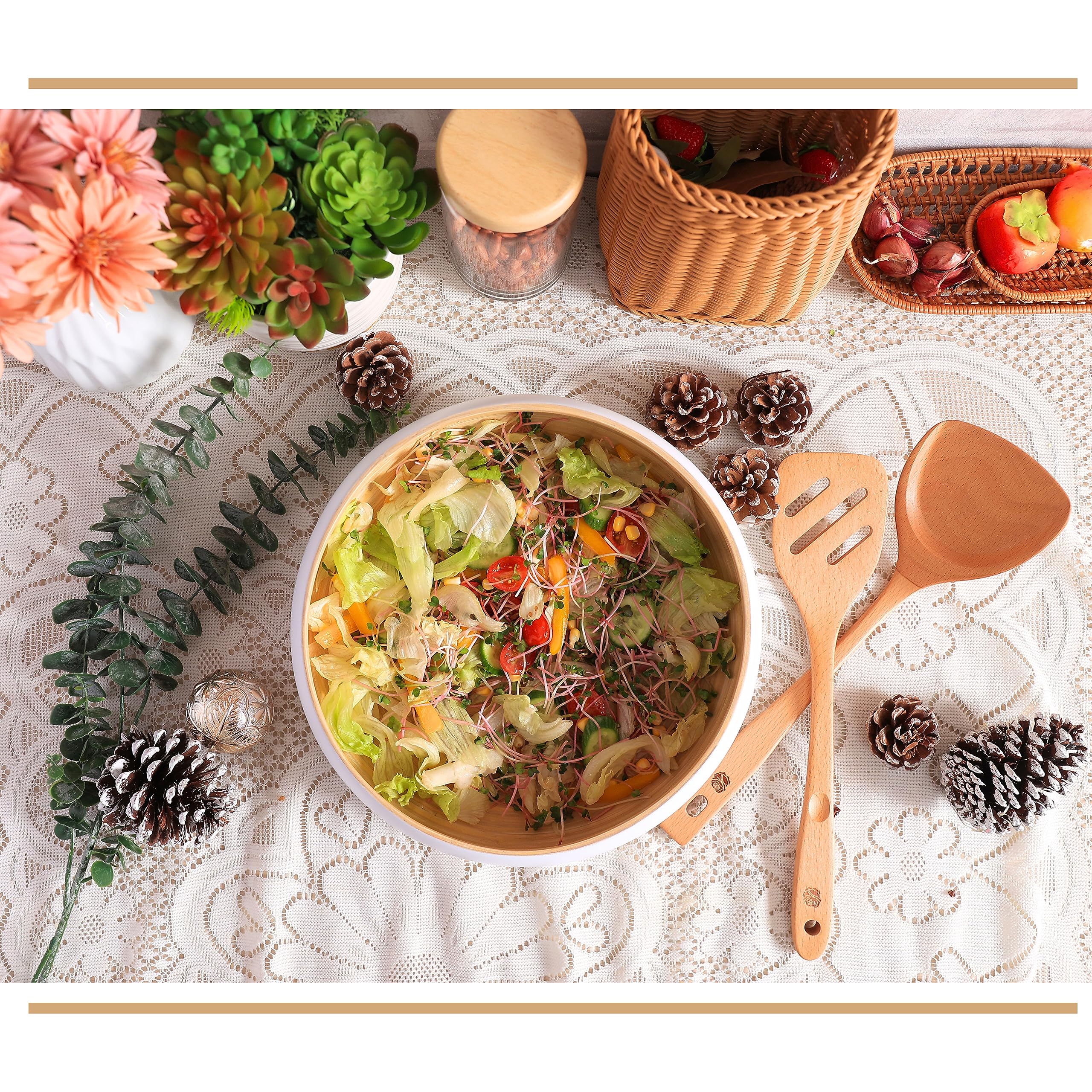 CLAYNIX White Bamboo Fruit Bowl - Large Decorative Serving Bowl for Kitchen Counter, Dining Table & Fruit Display | Perfect for Entertaining, Snacks & Home Decor