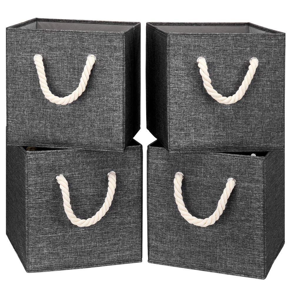 Foldable Fabric Grey Cube Storage Bins 13x13x13 Inch - Cloth Organizer with Cotton Ropes, Collapsible Storage Cubes for Closet, Shelves, Drawers & Home Organization - Perfect for Bedroom, Nursery & Office Use
