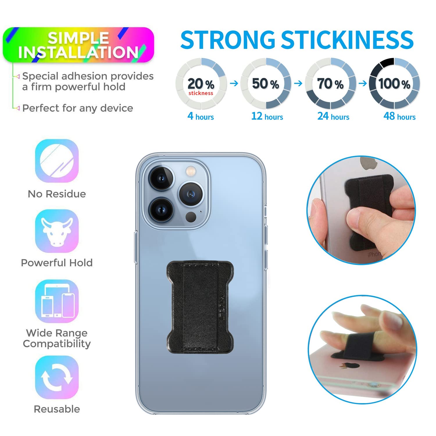 Universal Phone Grip & Holder for Smartphones - Compatible with Wireless Charging, Anti-Slip Phone Stand for Hands-Free Use (Black & Blue, 2-Pack) - Perfect for Gym, Driving, Video Calls & Selfies