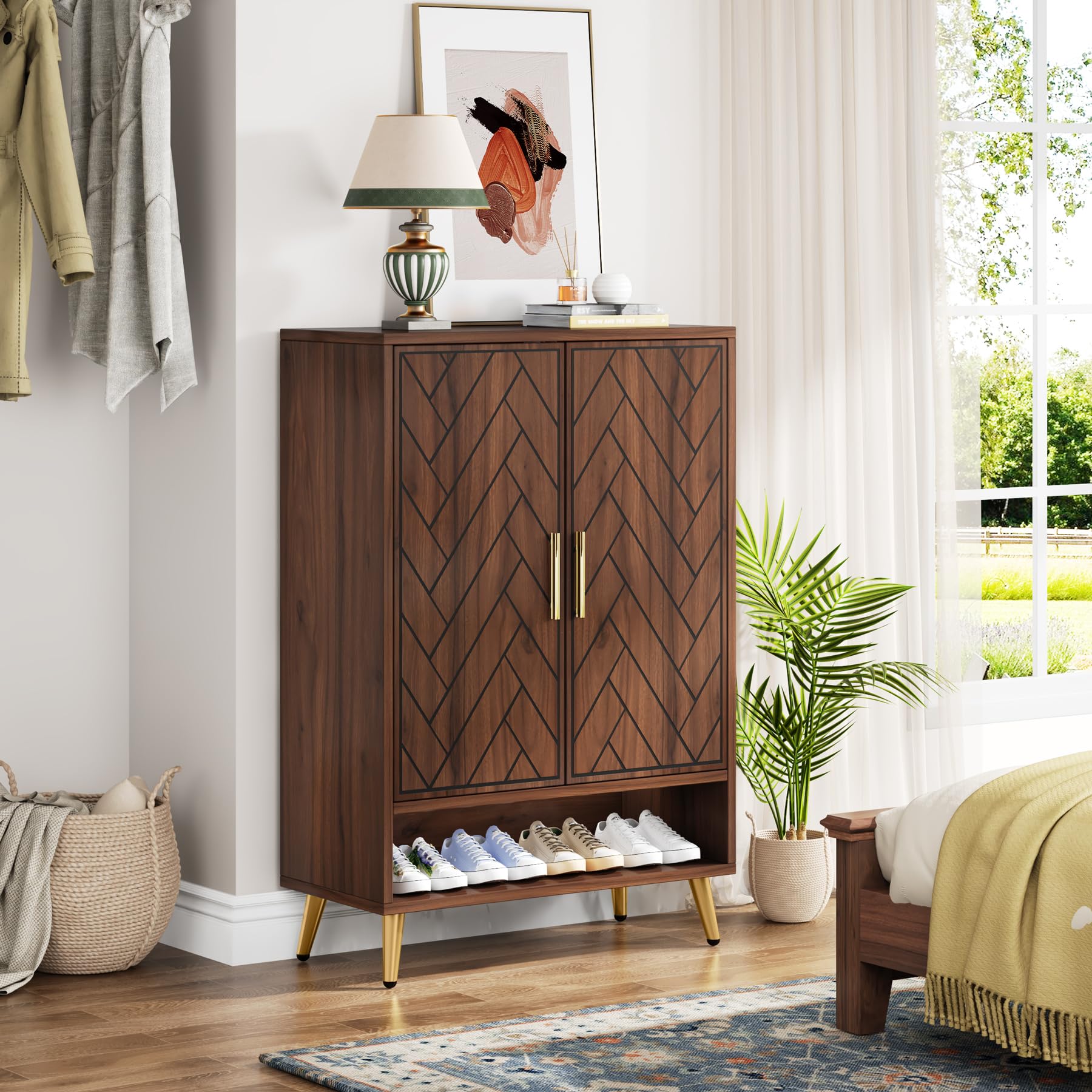 Tribesigns 6-Tier Shoe Storage Cabinet with Doors - 18 Pairs Entryway Shoe Organizer, Adjustable Shelves Wooden Shoe Rack for Living Room, Bedroom, Hallway - Walnut Finish with Gold Legs | Perfect for Small Spaces & Home Organization