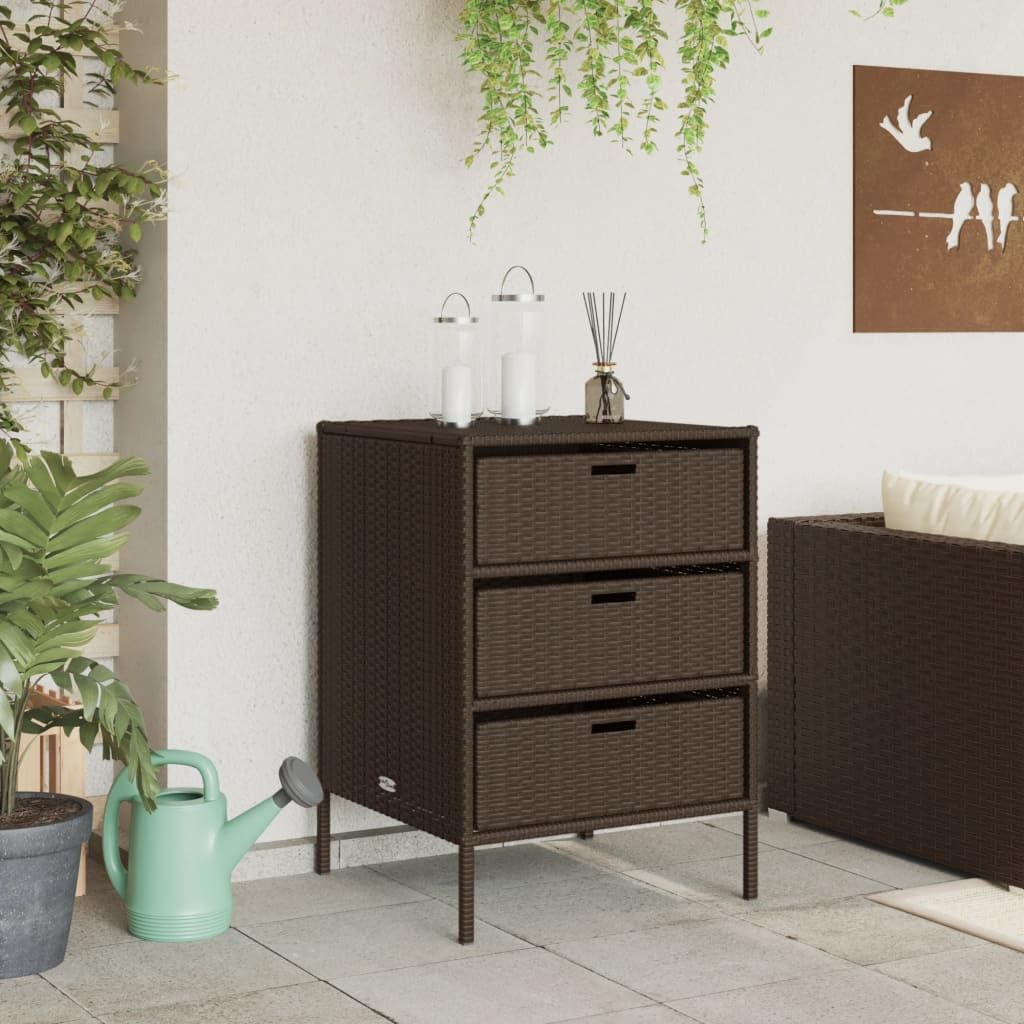 PE Rattan Wicker Patio Storage Cabinet with 3 Drawers - Outdoor Organizer for Towels, Pool Accessories & Garden Tools - Brown Weather-Resistant Poly Rattan (21.7