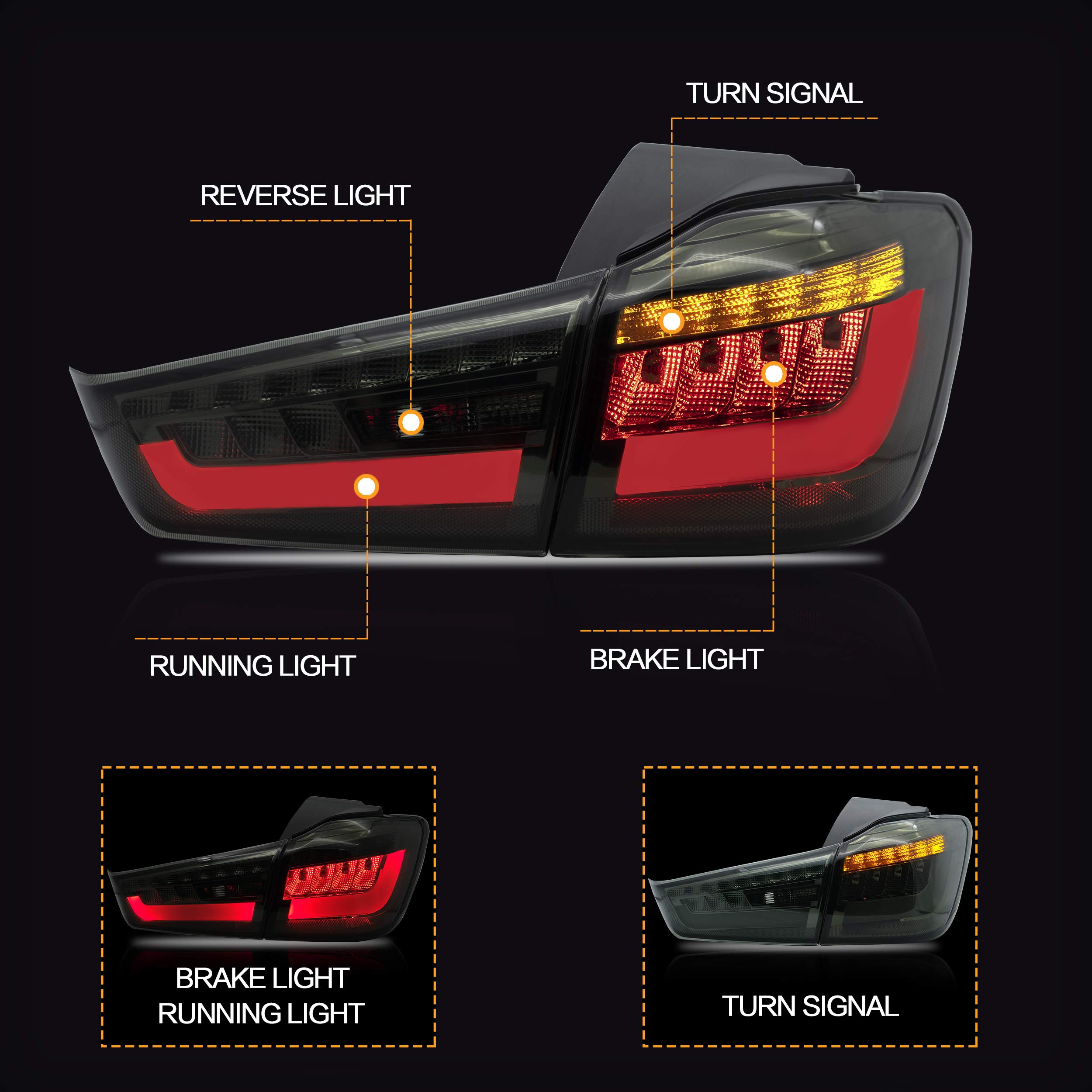 VLAND LED Tail Lights Assembly for 2010-2015 Mitsubishi ASX/Outlander Sport - Smoked Black Taillamps with Turn Signal, Reverse Lights & DRL - Plug & Play Installation - Perfect for Night Driving & Car Customization