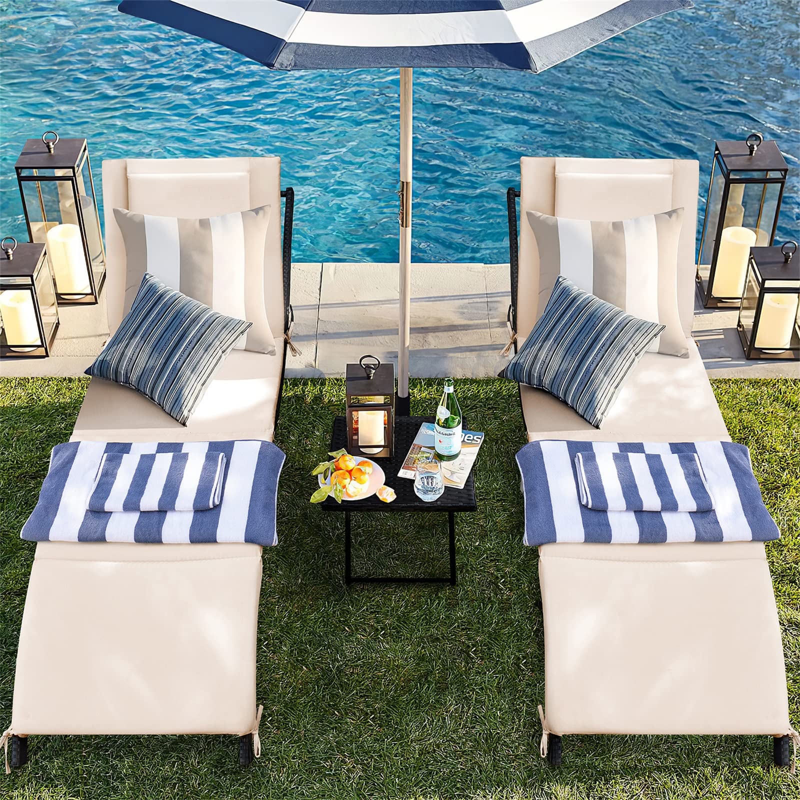 GUNJI 3-Piece Outdoor Wicker Lounge Chair Set with Adjustable Chaise & Side Table - Beige Patio Furniture for Poolside, Deck, Lawn, Garden & Backyard Relaxation