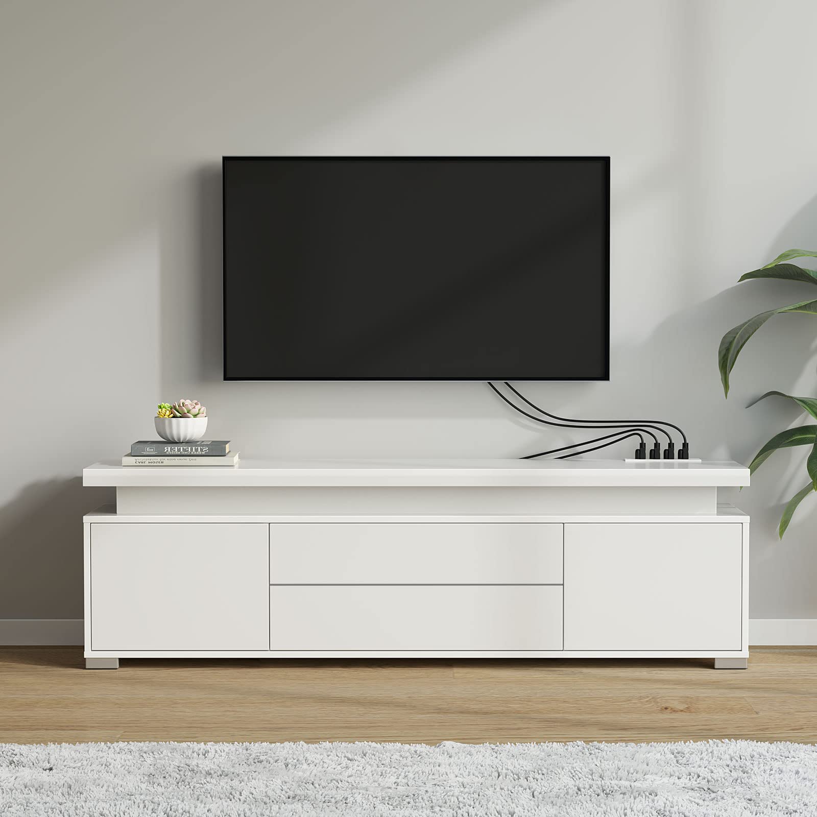 Rolanstar Modern TV Stand with LED Lights & Power Outlet - Universal Entertainment Center for 32-65 Inch TVs, Gaming Media Storage Cabinet with Large Storage Space - Perfect for Living Room, Bedroom & Home Theater (White)