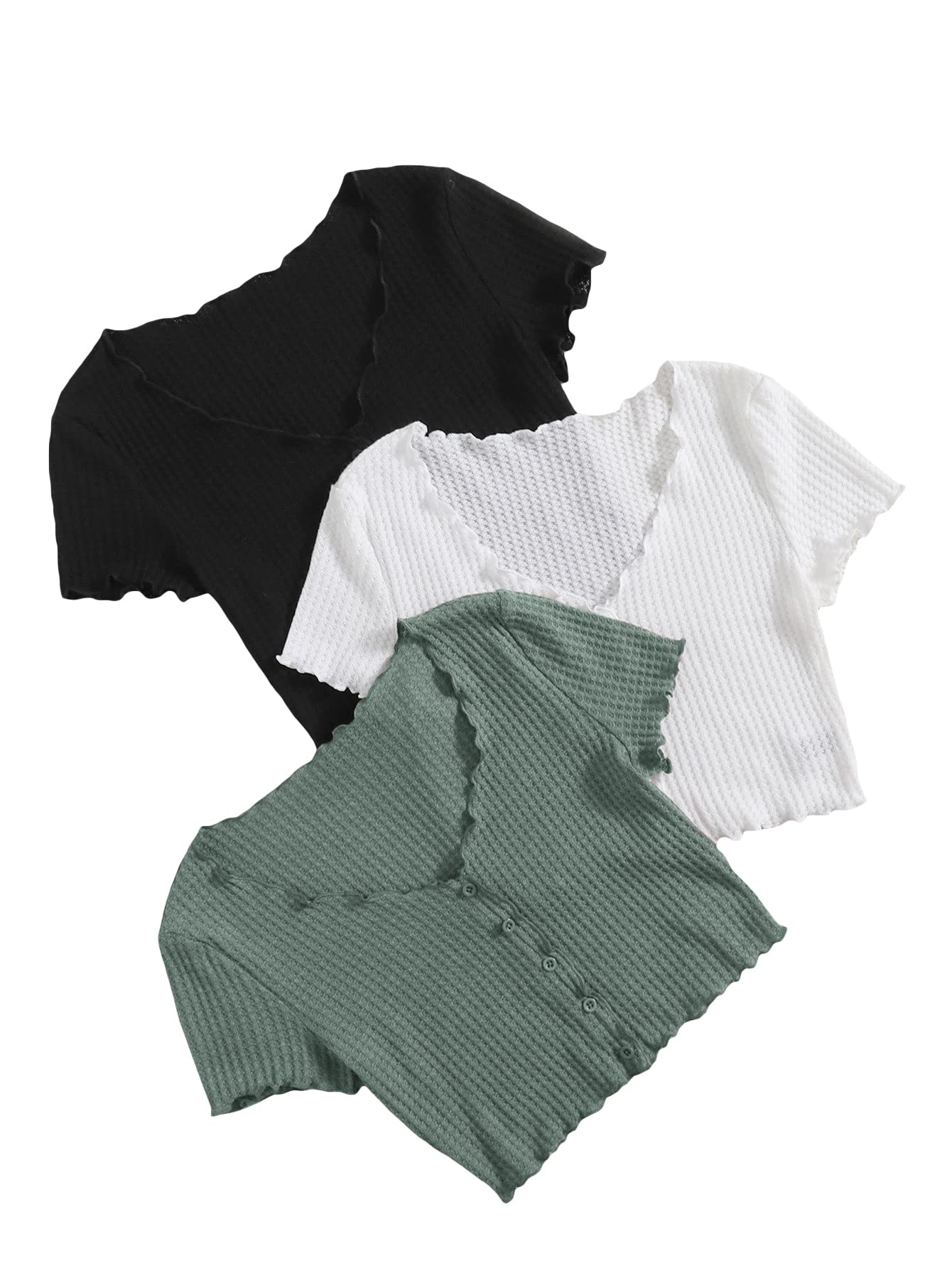 MakeMeChic Women's 3-Piece Casual Short Sleeve Button Down Waffle Knit Crop Tops Set - Comfortable & Stylish Tee Shirts for Summer, Spring Outfits | Perfect for Beach, Vacation, and Everyday Wear