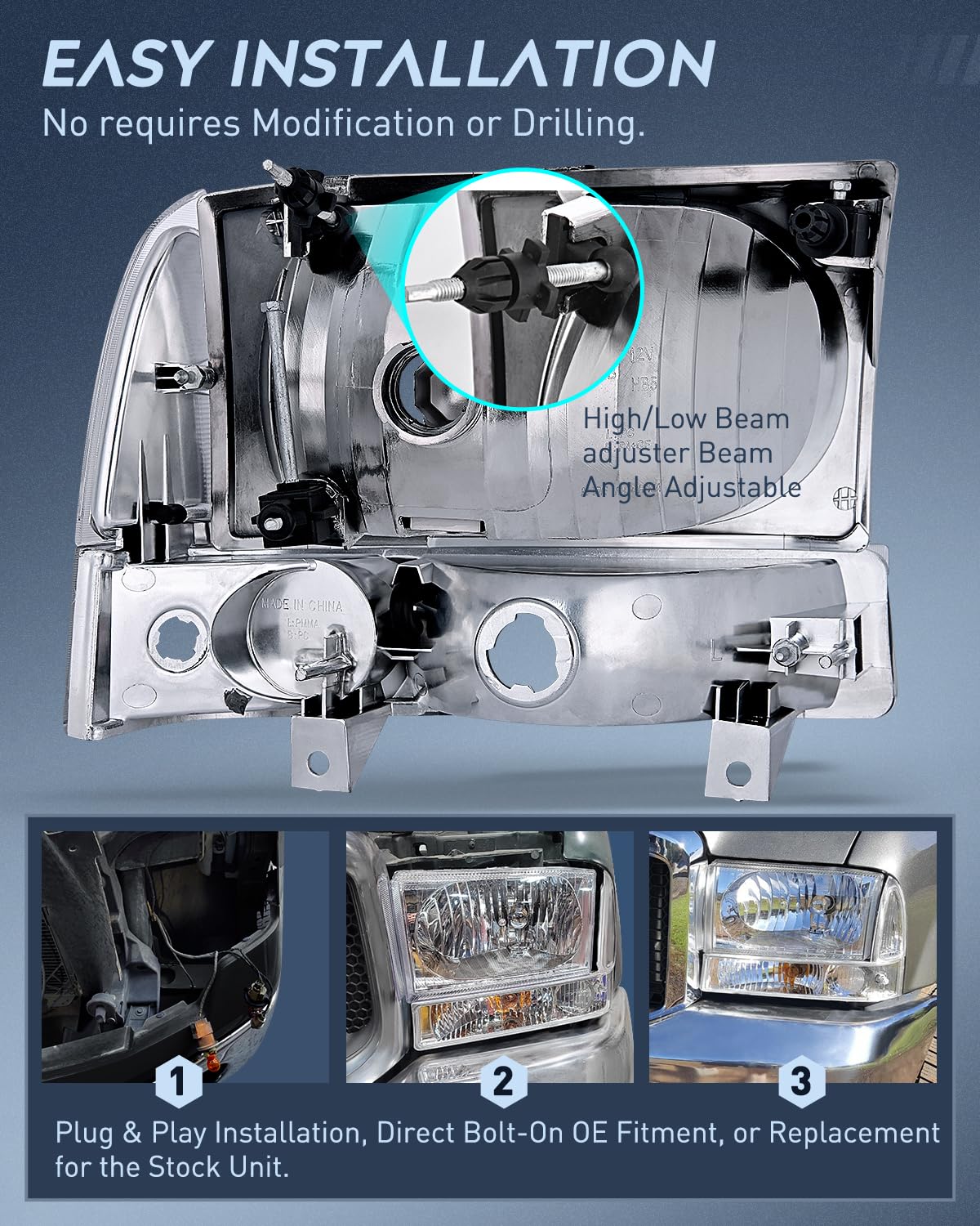 Nilight Headlight Assembly for 1999-2004 Ford F250 F350 F450 F550 Super Duty - Chrome Housing with Clear Corner & Lens - 4 Pack Replacement Headlights - Perfect for Off-Roading, Night Driving & Truck Upgrades