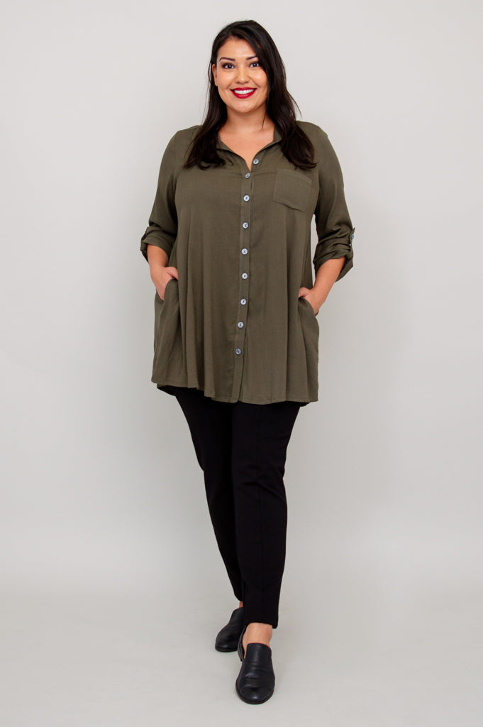 Celine Women's Khaki Linen Bamboo Blouse - Elegant Casual Shirt for Work, Office, and Summer Outfits