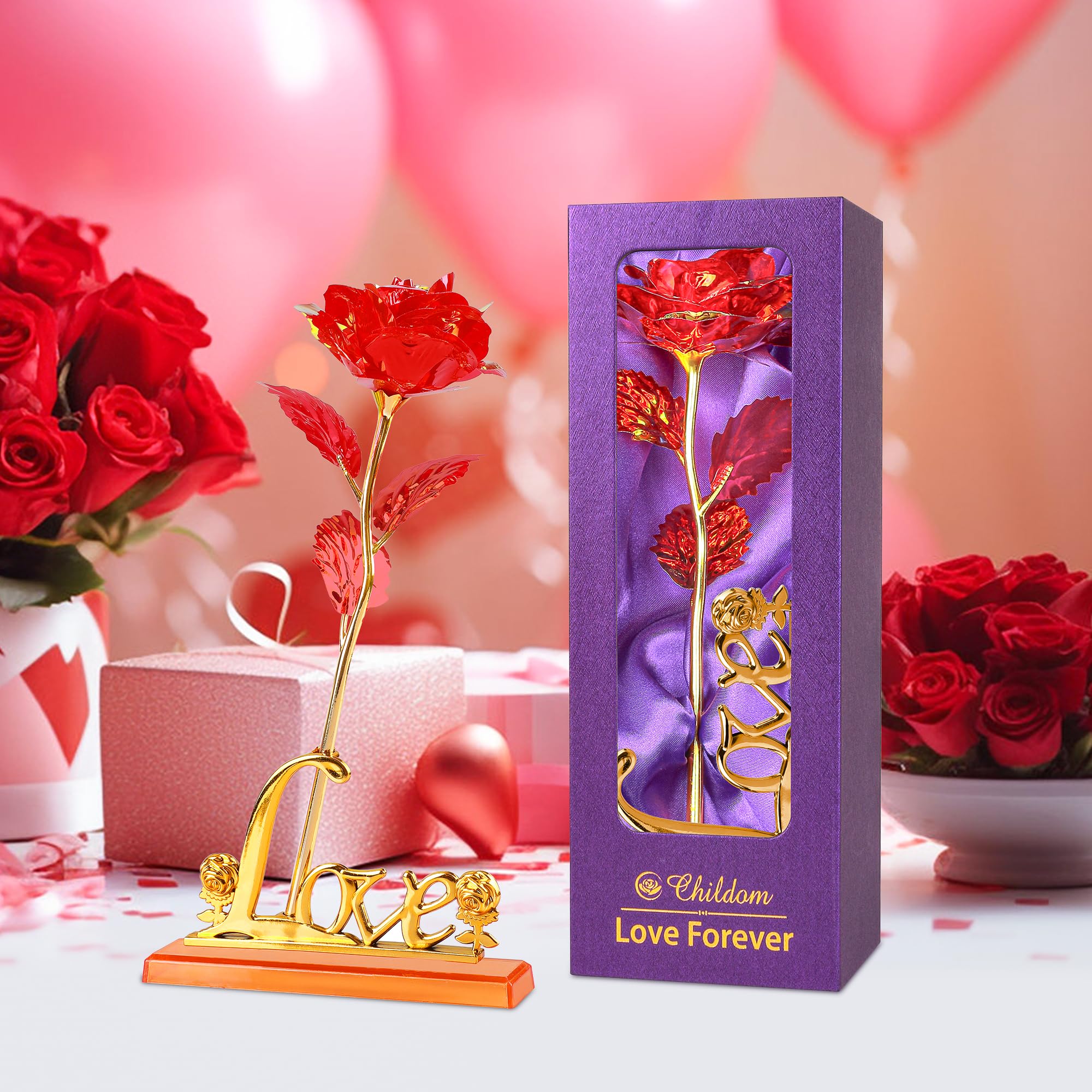 Artificial Rose Flower Gift Set for Mom - Elegant Red Roses with Love Stand, Perfect for Mother's Day, Birthday, Anniversary & Valentine's Day Gifts for Wife, Grandma, Women from Daughter or Son | Home Decor, Table Centerpiece, Romantic Gift Idea