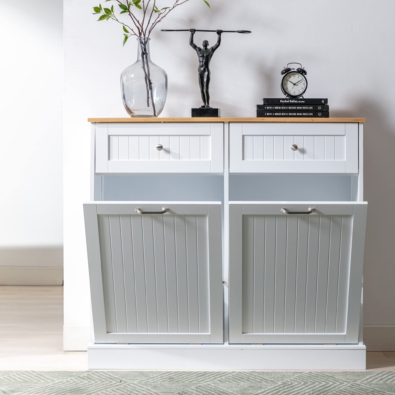 Freestanding Tilt-Out Trash Cabinet with Cutting Board - Pet Proof Kitchen Garbage Recycling Station, Wood Laundry Hamper & Hideaway Trash Holder Drawers (2, White) - Perfect for Small Kitchens, Apartments & Eco-Friendly Homes