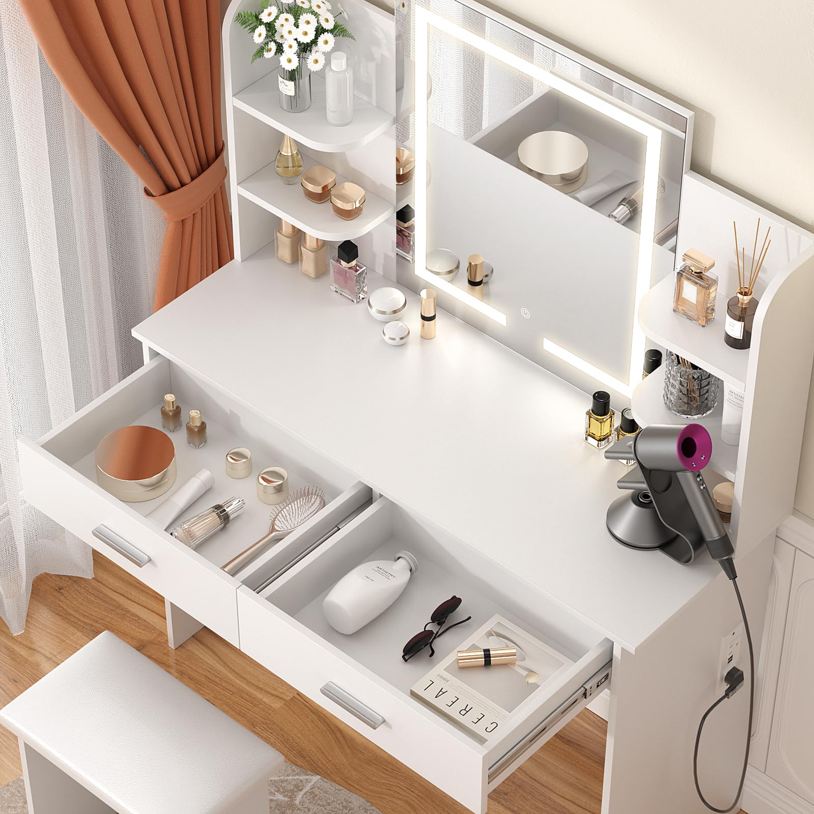 Lighted Makeup Vanity Desk with Power Outlet & Stool - 3 Color Lights, Adjustable Brightness, 6 Shelves & 2 Drawers - Perfect for Bedroom Dressing Area