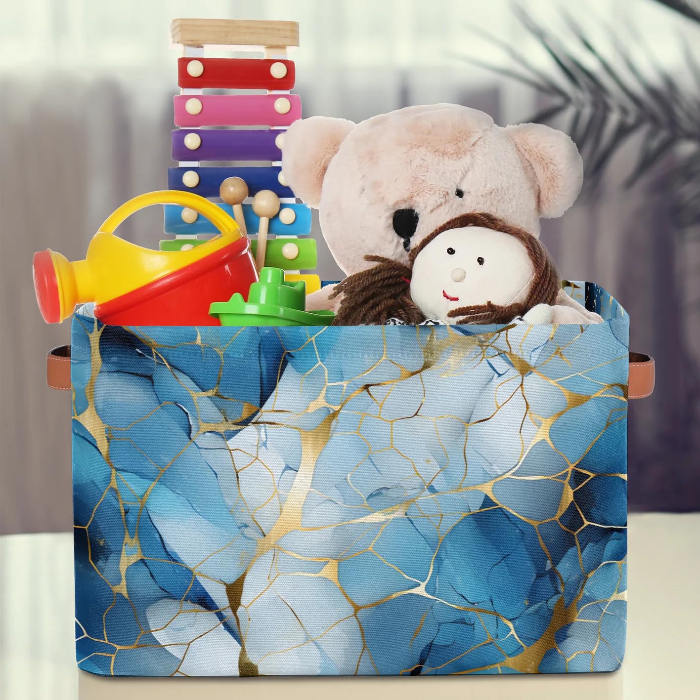 Marbled Storage Basket with Handles - 2 Pack Multi-Purpose Organizer for Closet, Toys & Home Decor | Blue Crushed Flower Design | Perfect for Bedroom, Bathroom & Kids Room Storage