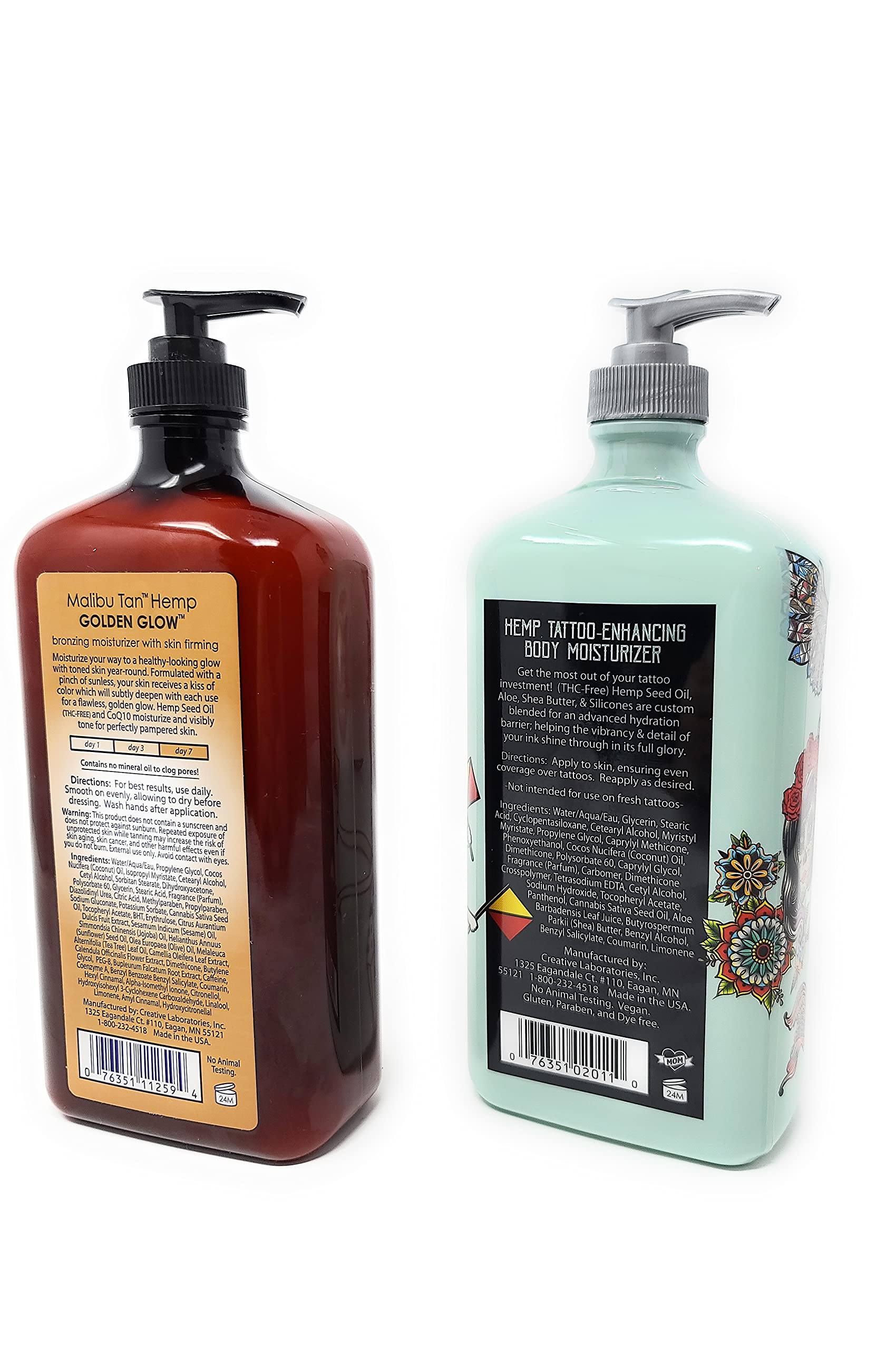 Malibu Hemp Tattoo Enhancing Body Moisturizer 25oz & Golden Glow Lotion 25.4oz Bundle - 40% Extra Free - Hydrating Skincare for Tattoo Care & Sun-Kissed Glow - Perfect for Post-Tattoo Healing & Summer Skin Radiance
