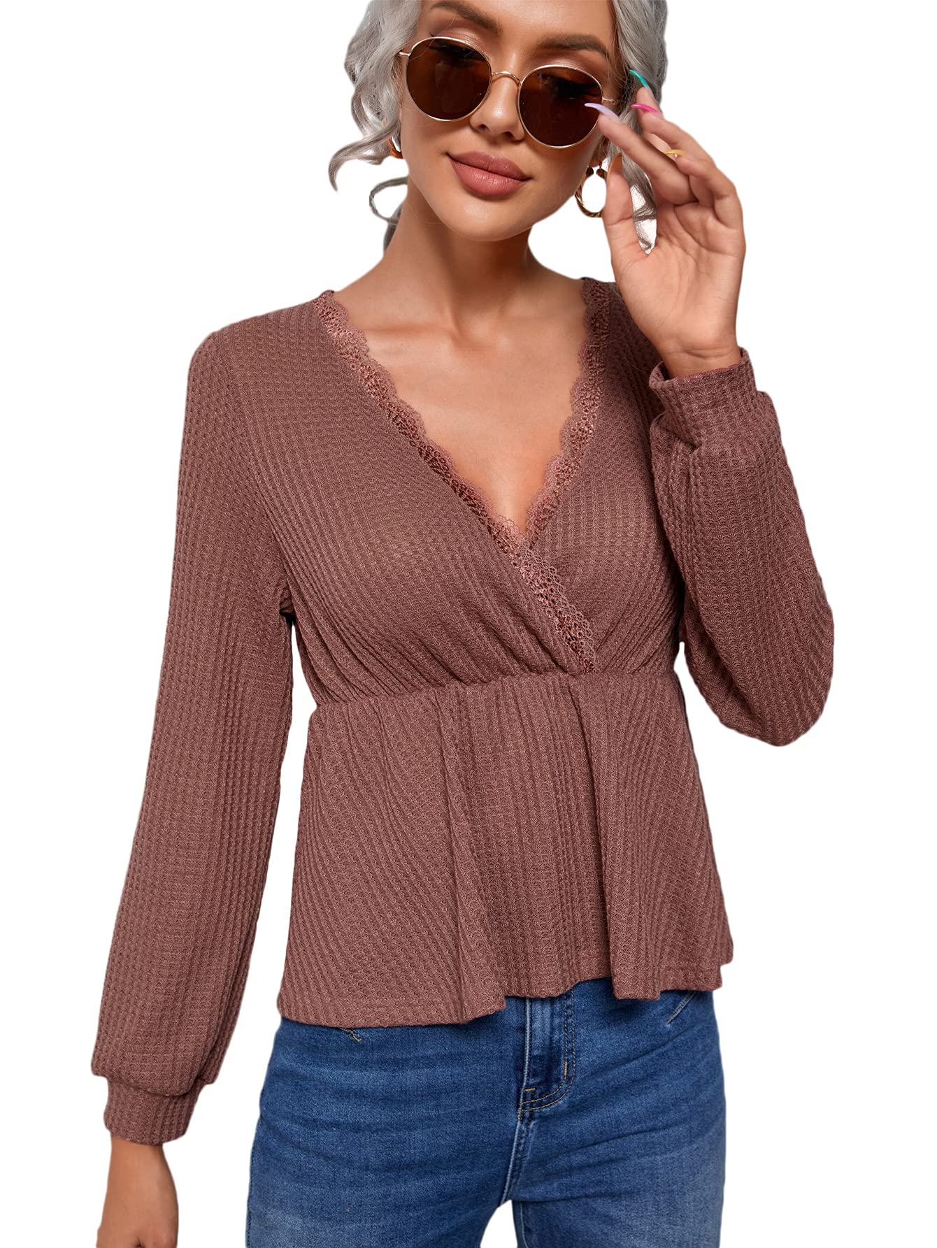 SheIn Women's Lace Trim V-Neck Long Sleeve Waffle Knit Peplum T-Shirt Top | Casual & Office Wear | Fall & Winter Fashion | Perfect for Work, Dates & Everyday Outfits