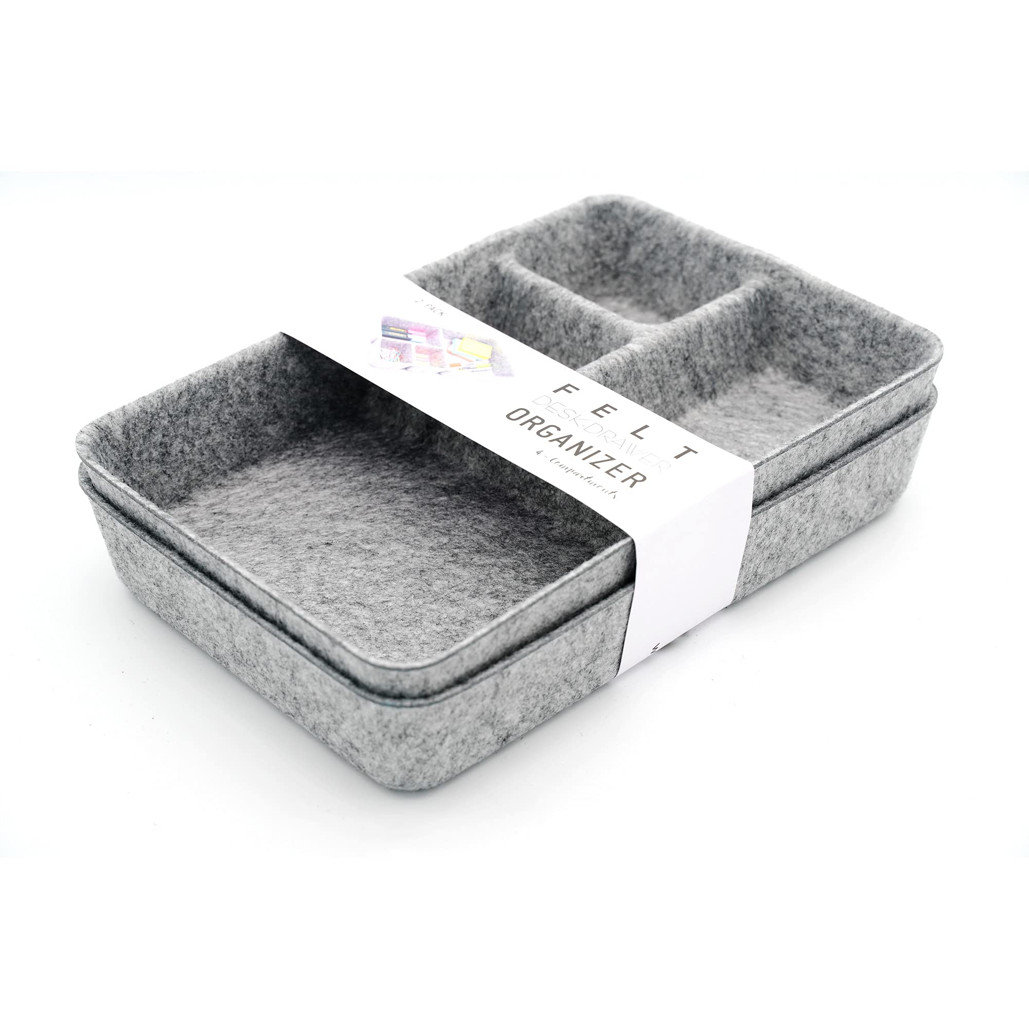 Welaxy 4-Compartment Junk Drawer Organizer Bin - Multi-Purpose Felt Storage Tray with Dividers for Office, Kitchen & Bathroom Organization (Set of 2, Gray) - Perfect for Utensils, Makeup, Office Supplies & Small Items