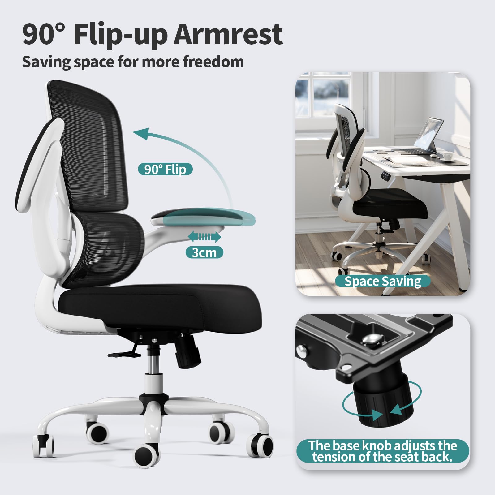 Ergonomic Mesh Office Chair with Wheels - Adjustable Height Swivel Task Chair for Home & Office Workspace (Black/White) - Perfect for Long Hours Sitting, Computer Work & Video Conferencing